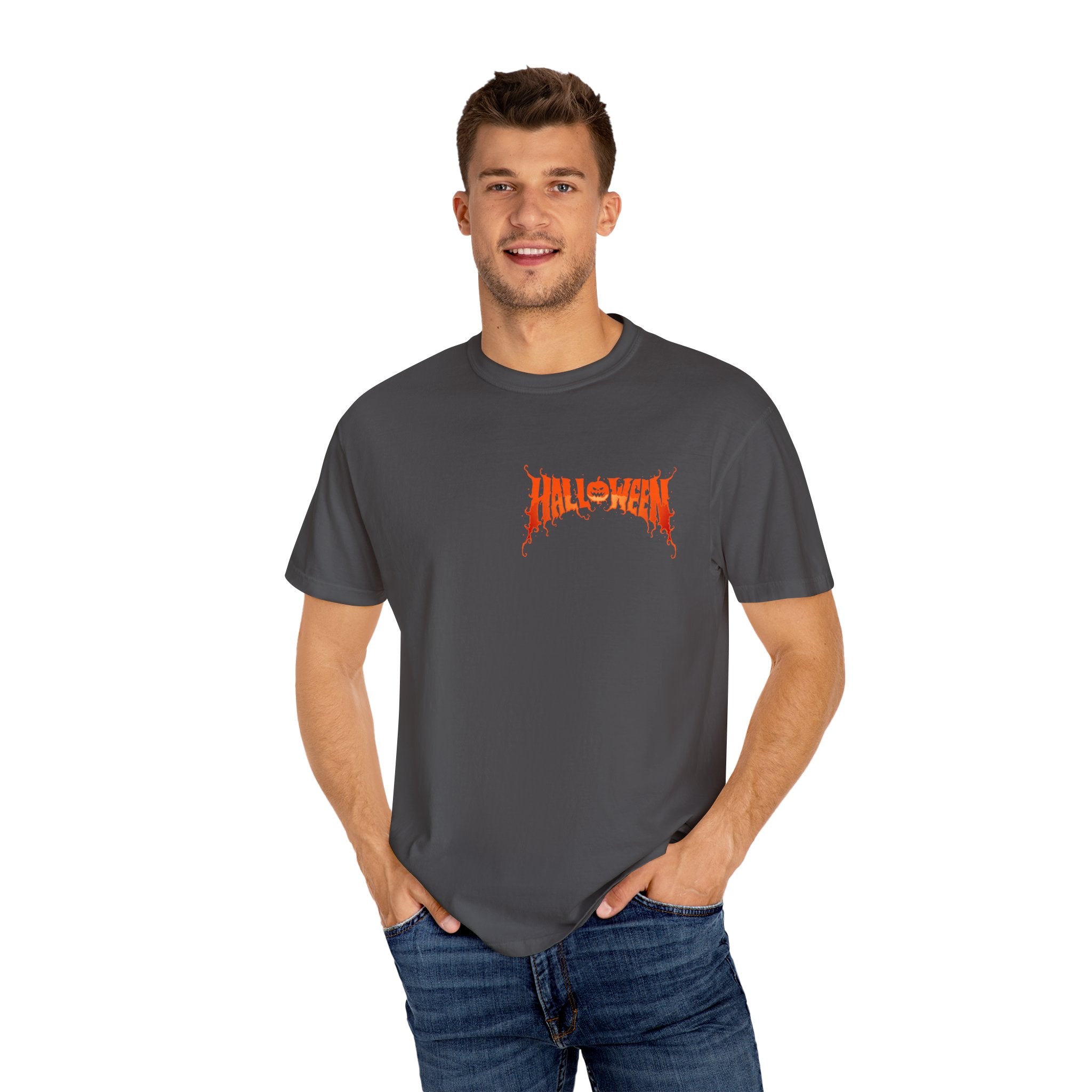 Halloween Unisex Garment-Dyed T-Shirt, Pumpkin Tee, Spooky Apparel, Fall Festival Shirt, Trick-or-Treat Top, Halloween Costume