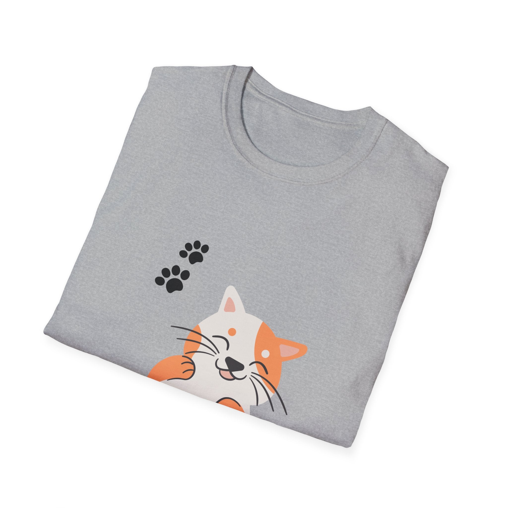 Cute Paw-Print Cat T-Shirt — Smiling Calico Kitten Graphic Tee for Cat Lovers