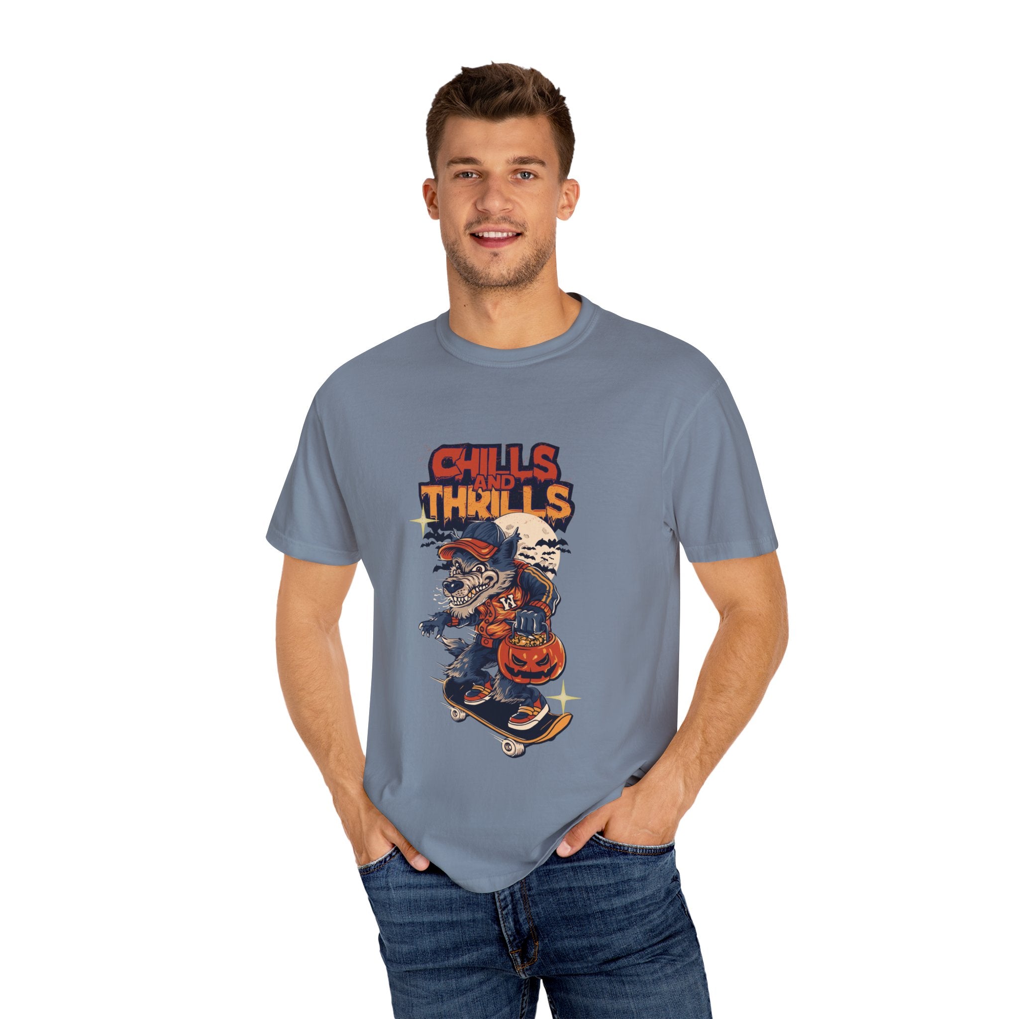 Chills and Thrills Graphic T-Shirt, Unisex Tee, Halloween Apparel, Skateboarder Shirt, Spooky Casual Wear, Perfect Gift for Fall