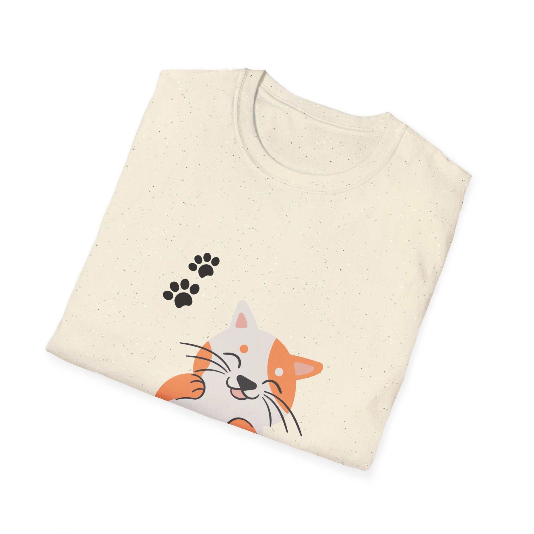 Cute Paw-Print Cat T-Shirt — Smiling Calico Kitten Graphic Tee for Cat Lovers
