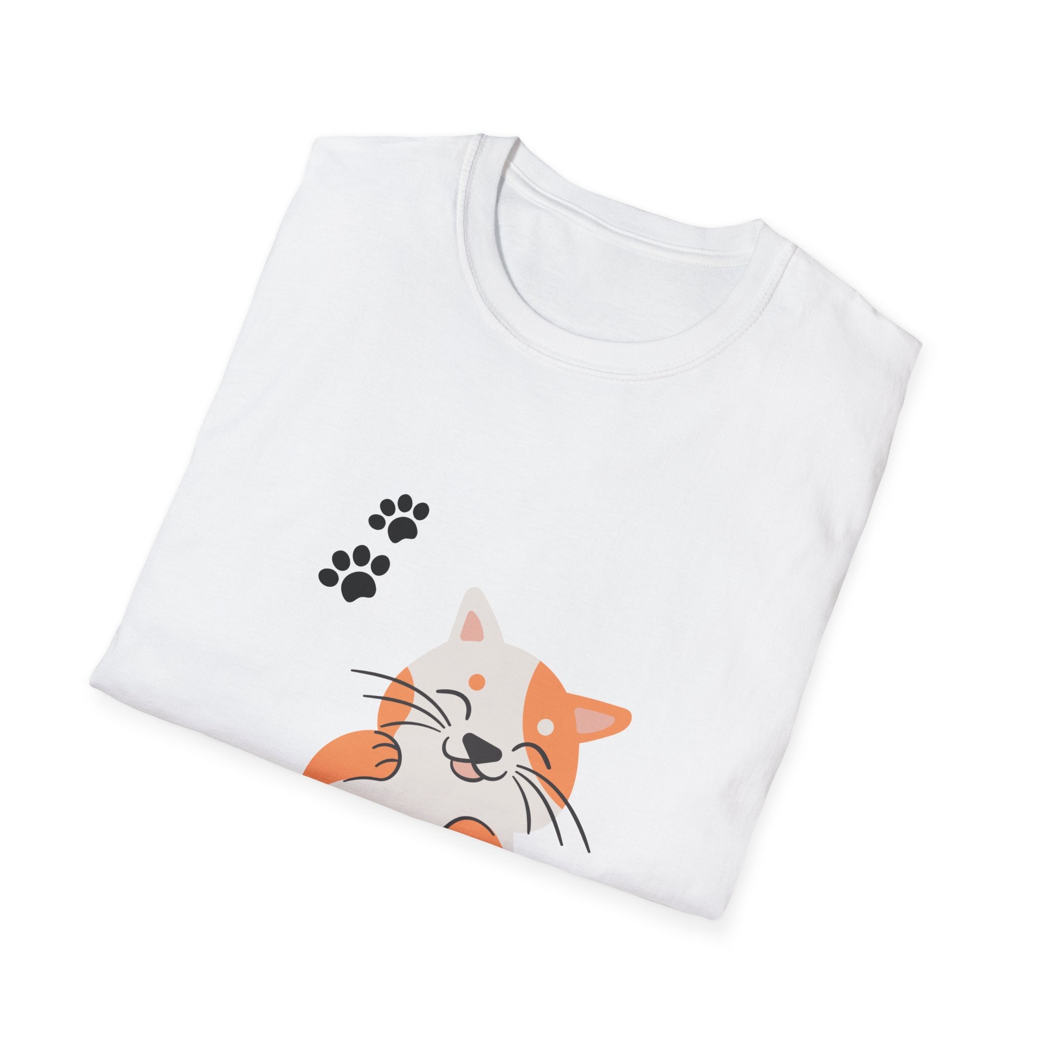 Cute Paw-Print Cat T-Shirt — Smiling Calico Kitten Graphic Tee for Cat Lovers