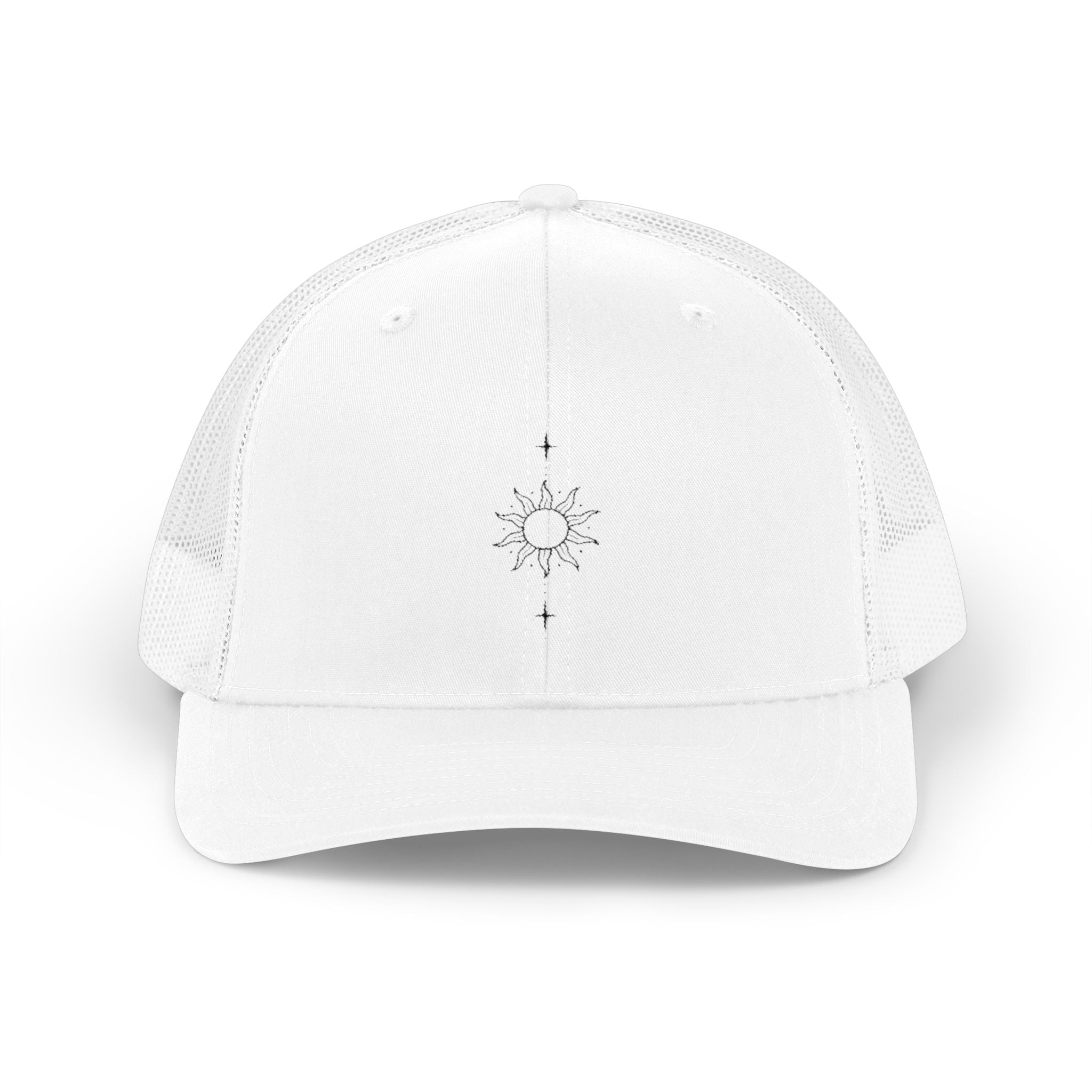 Minimal Sun Compass Trucker Cap — Embroidered Tiny Sun & Compass Mesh Snapback
