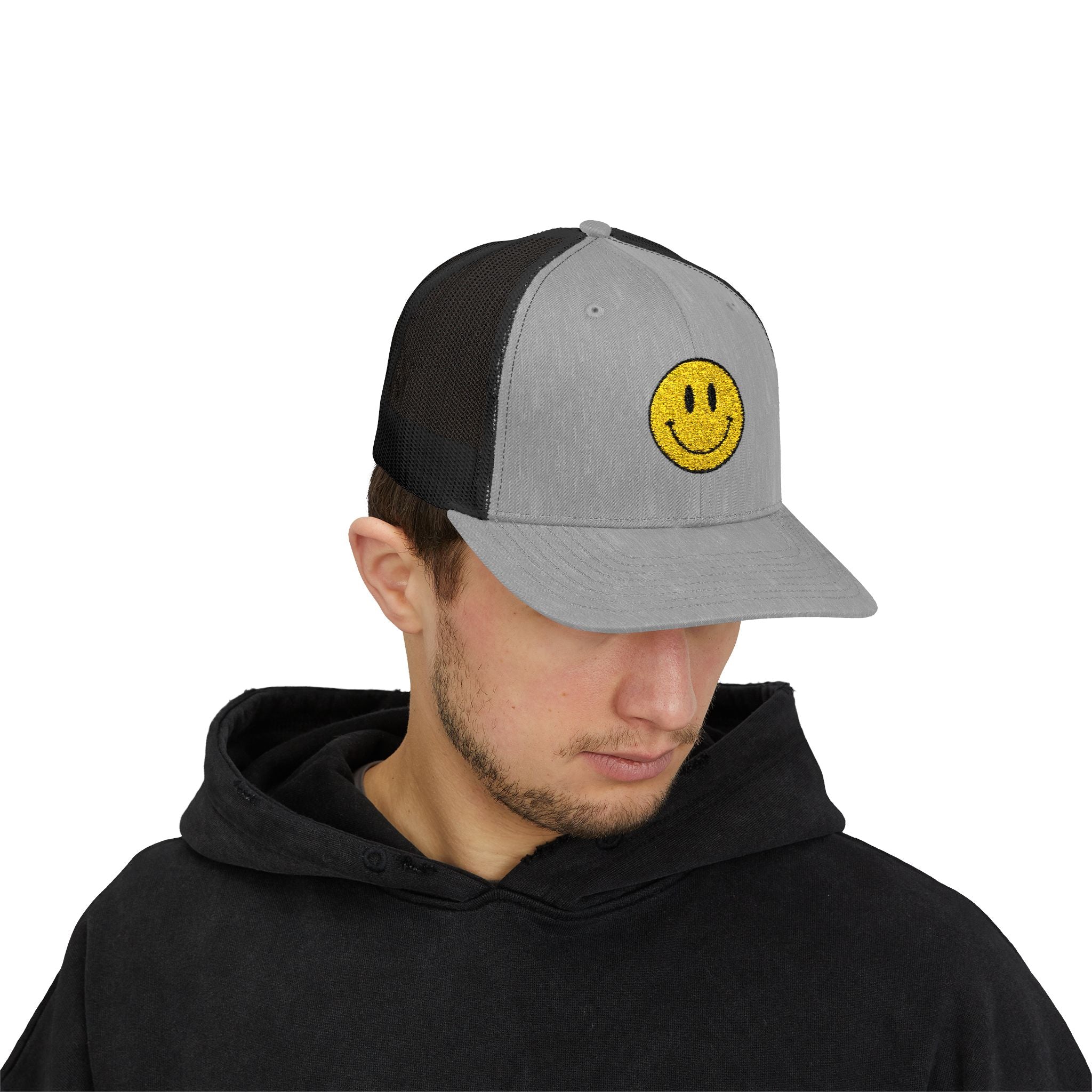 Happy Smile Snapback Trucker Cap - Playful Outdoor Hat, Perfect Gift for Friends, Festivals, Everyday Wear, Smiley Design