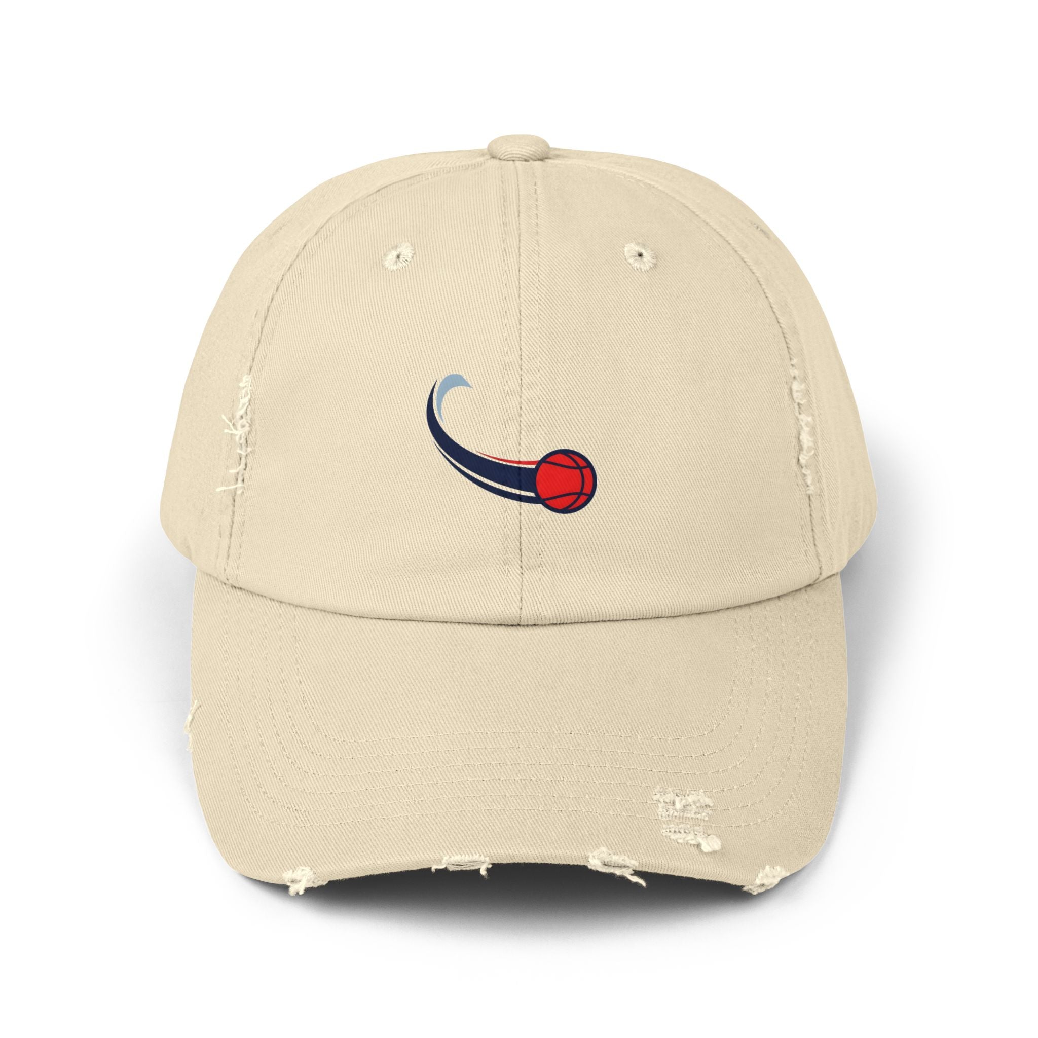 Distressed Baseball Cap with Red Swirl Ball Embroidered Design