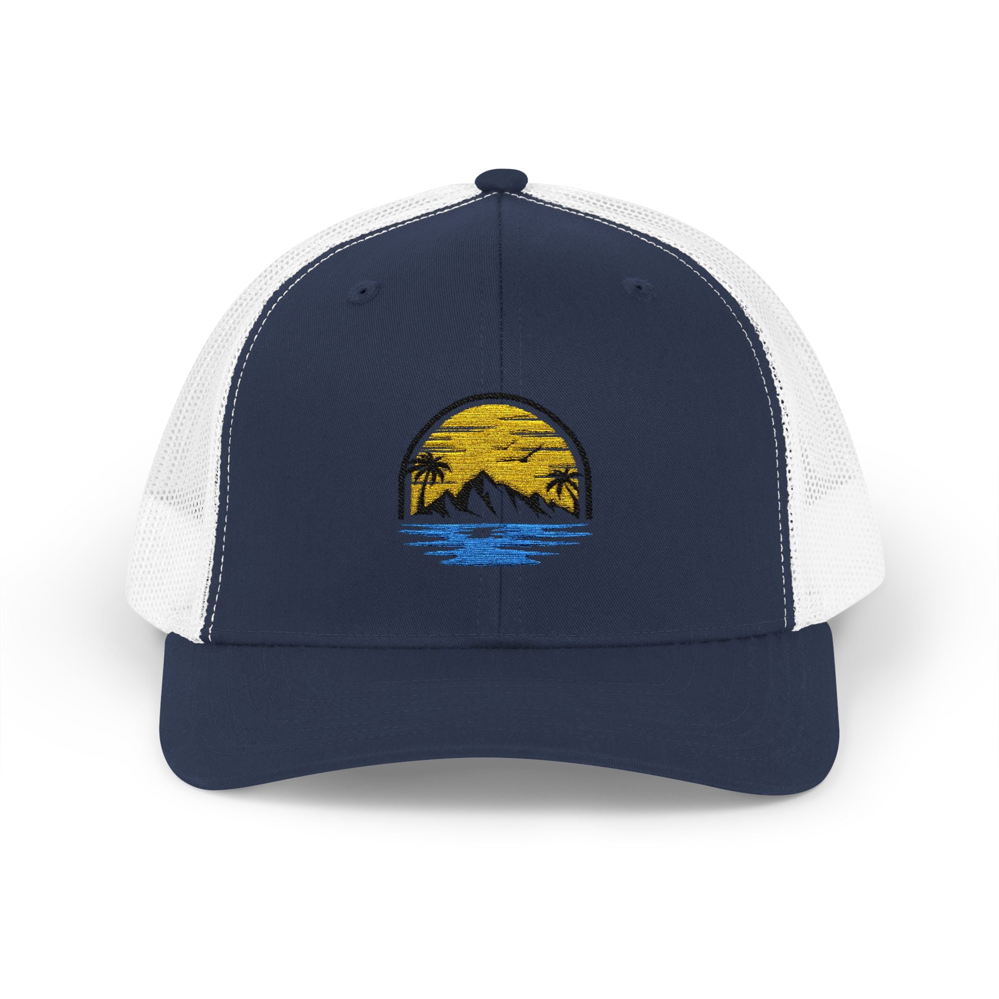 Trucker Cap — Embroidered Sunset Mountain & Ocean Patch