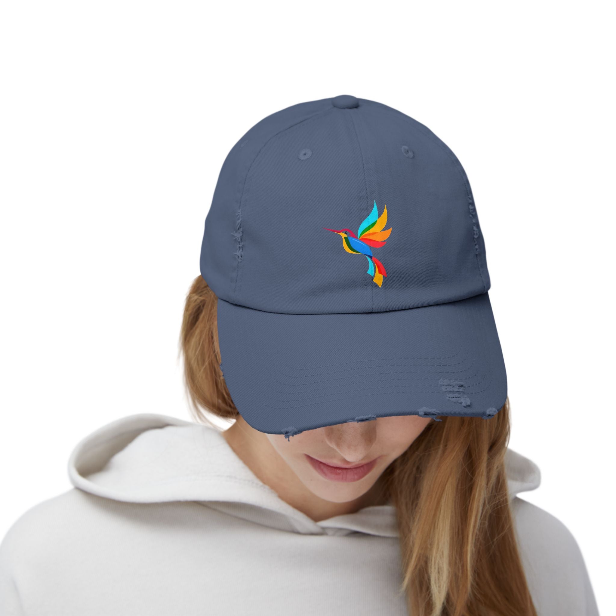 Colorful Hummingbird Unisex Distressed Cap, Casual Summer Hat, Trendy Dad Hat, Outdoor Accessories, Gift for Nature Lovers