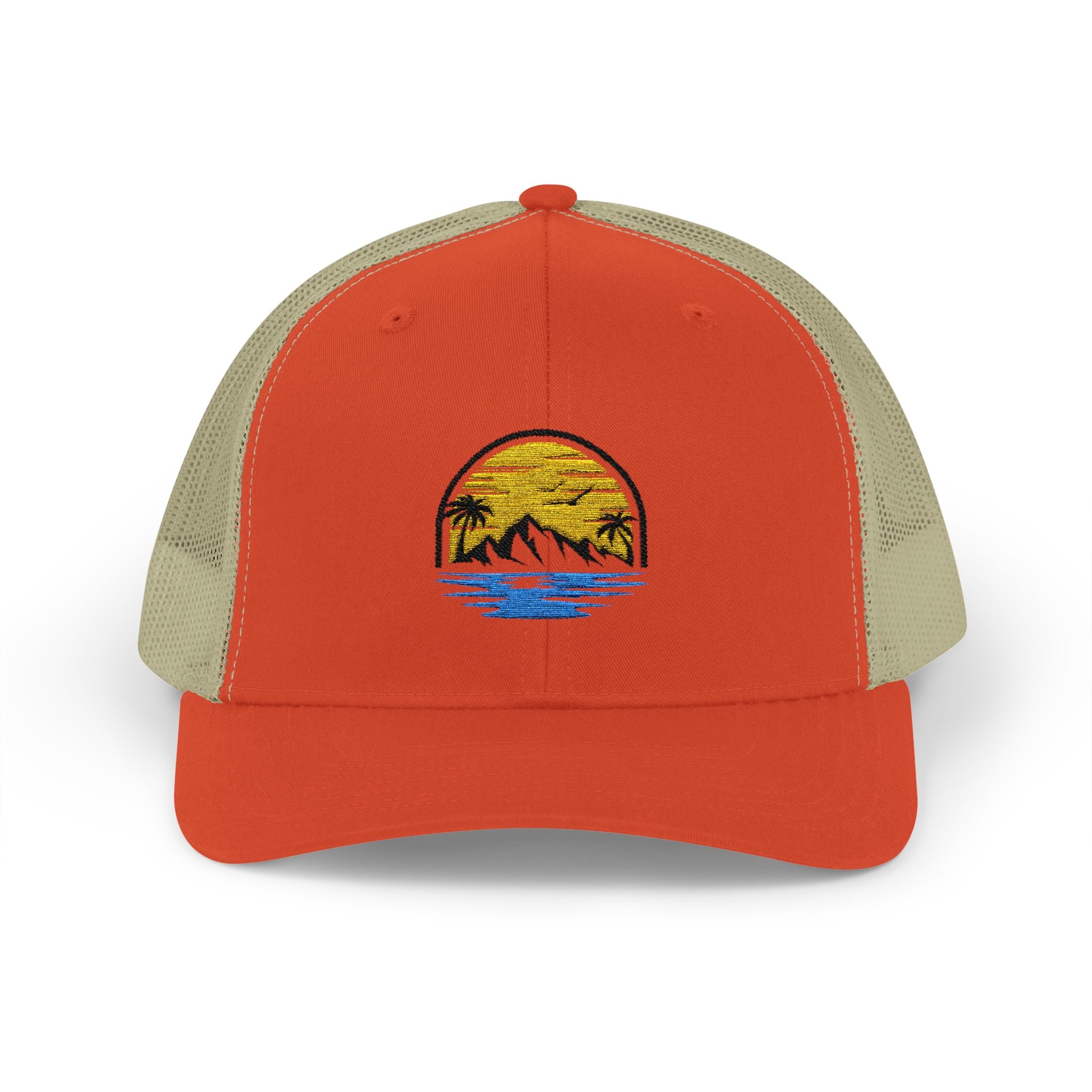 Trucker Cap — Embroidered Sunset Mountain & Ocean Patch