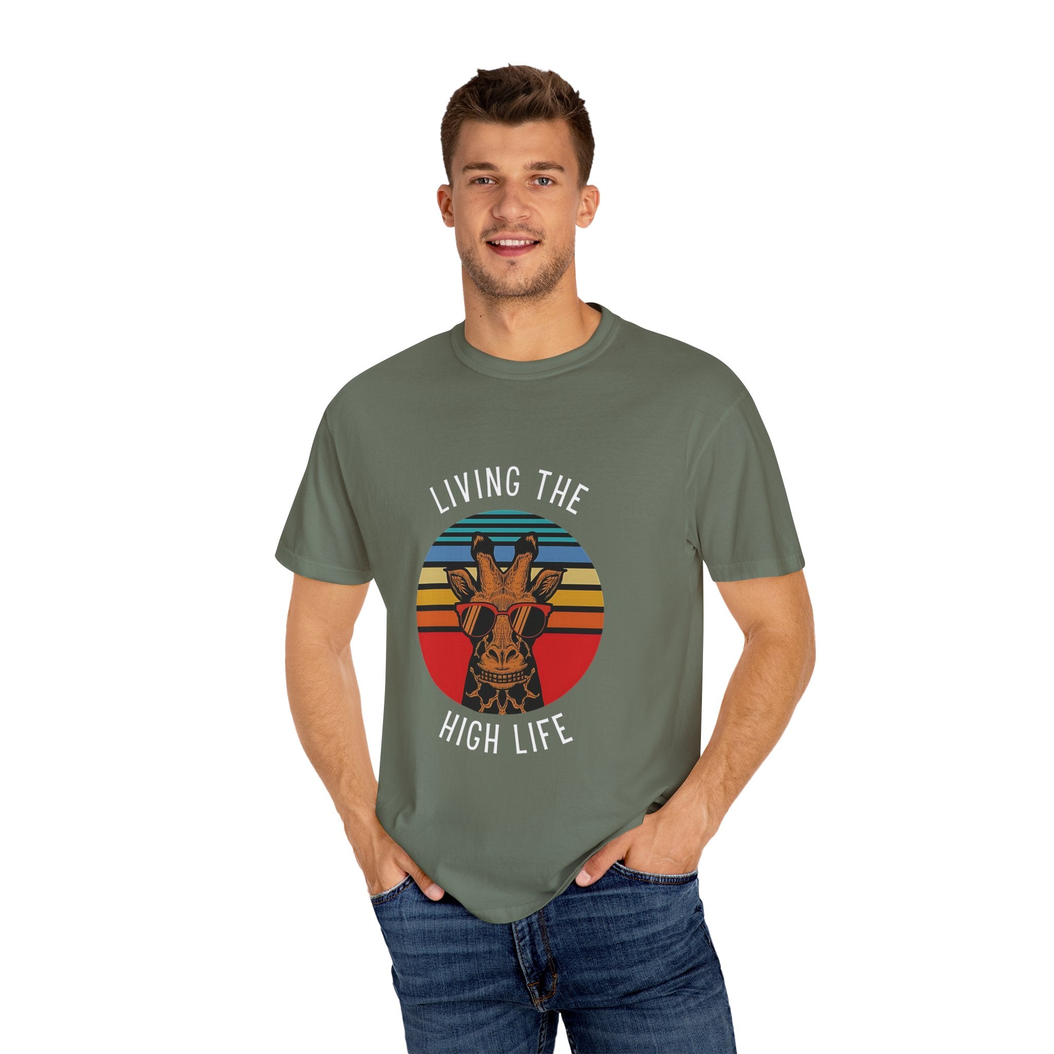 Living The High Life Giraffe T-Shirt | Unisex Garment-Dyed Tee, Trendy Animal Shirt, Birthday Gift, Casual Wear, Summer Style