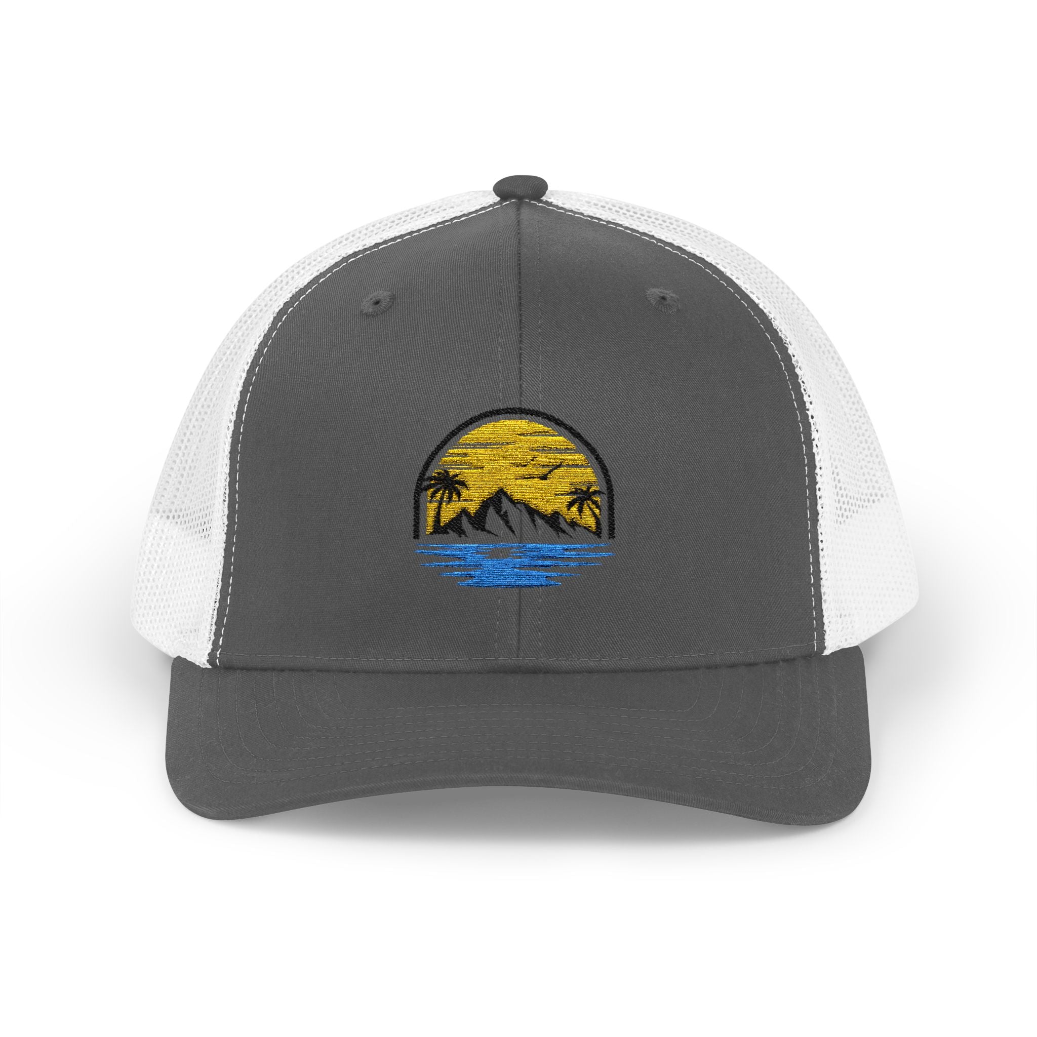 Trucker Cap — Embroidered Sunset Mountain & Ocean Patch