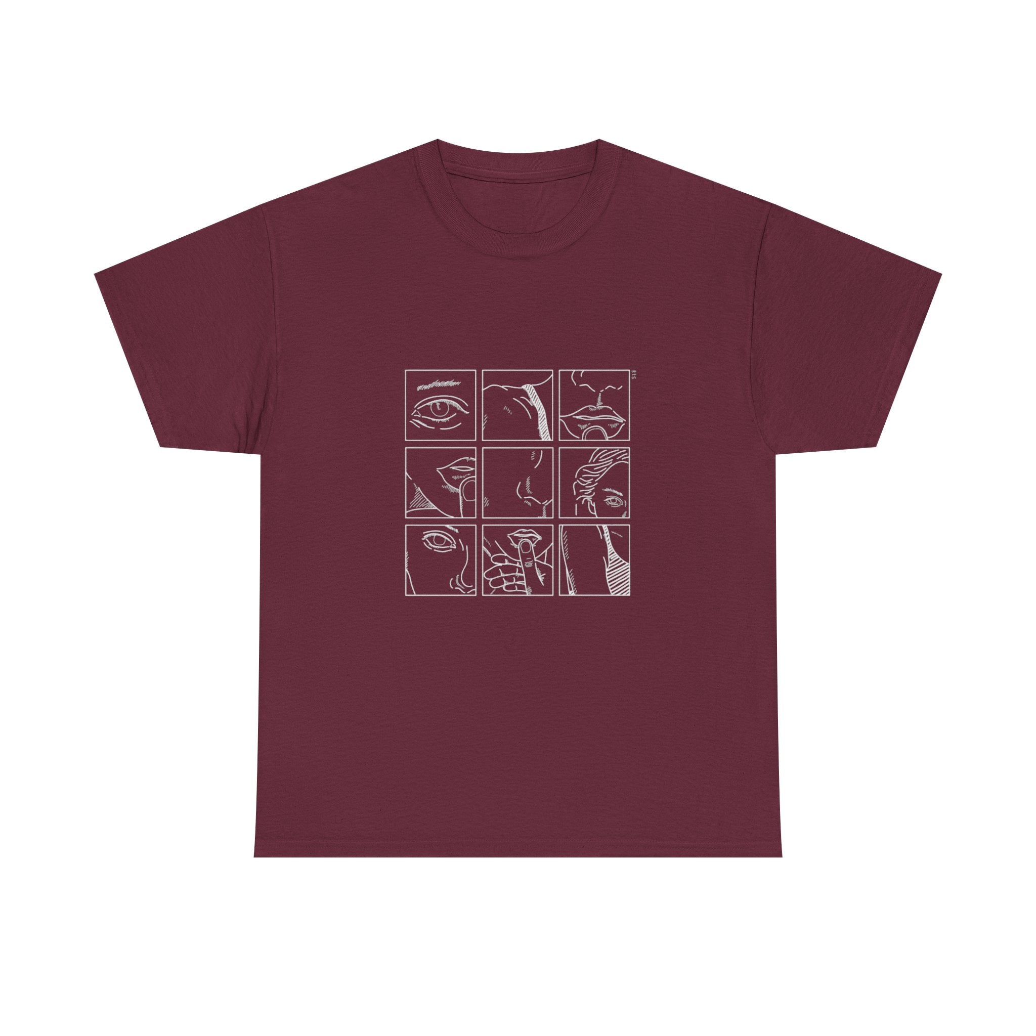 Graphic Tee — 'Here' Block Letter Design with Abstract Faces