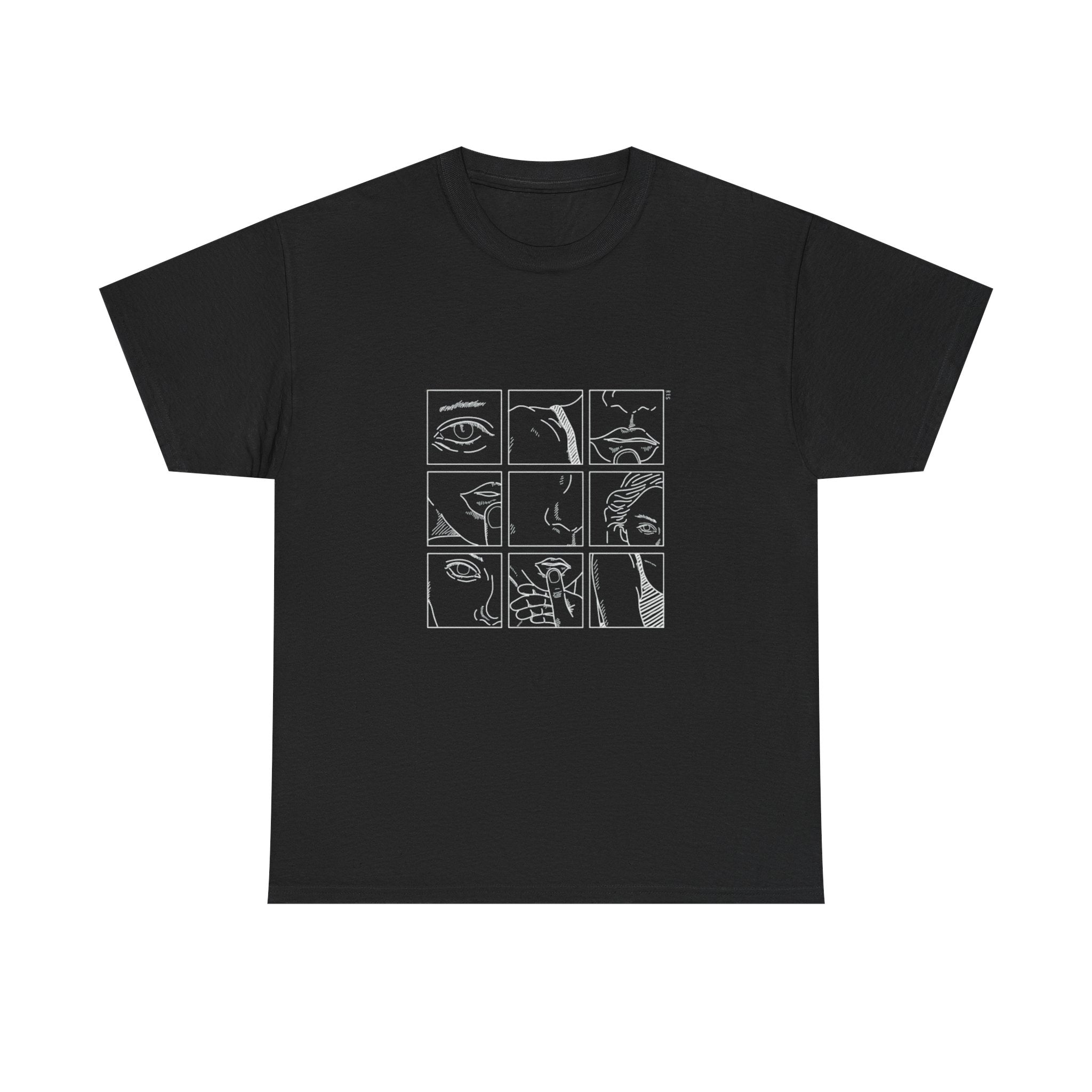 Graphic Tee — 'Here' Block Letter Design with Abstract Faces