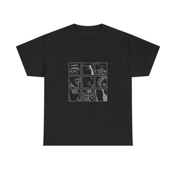 Graphic Tee — 'Here' Block Letter Design with Abstract Faces