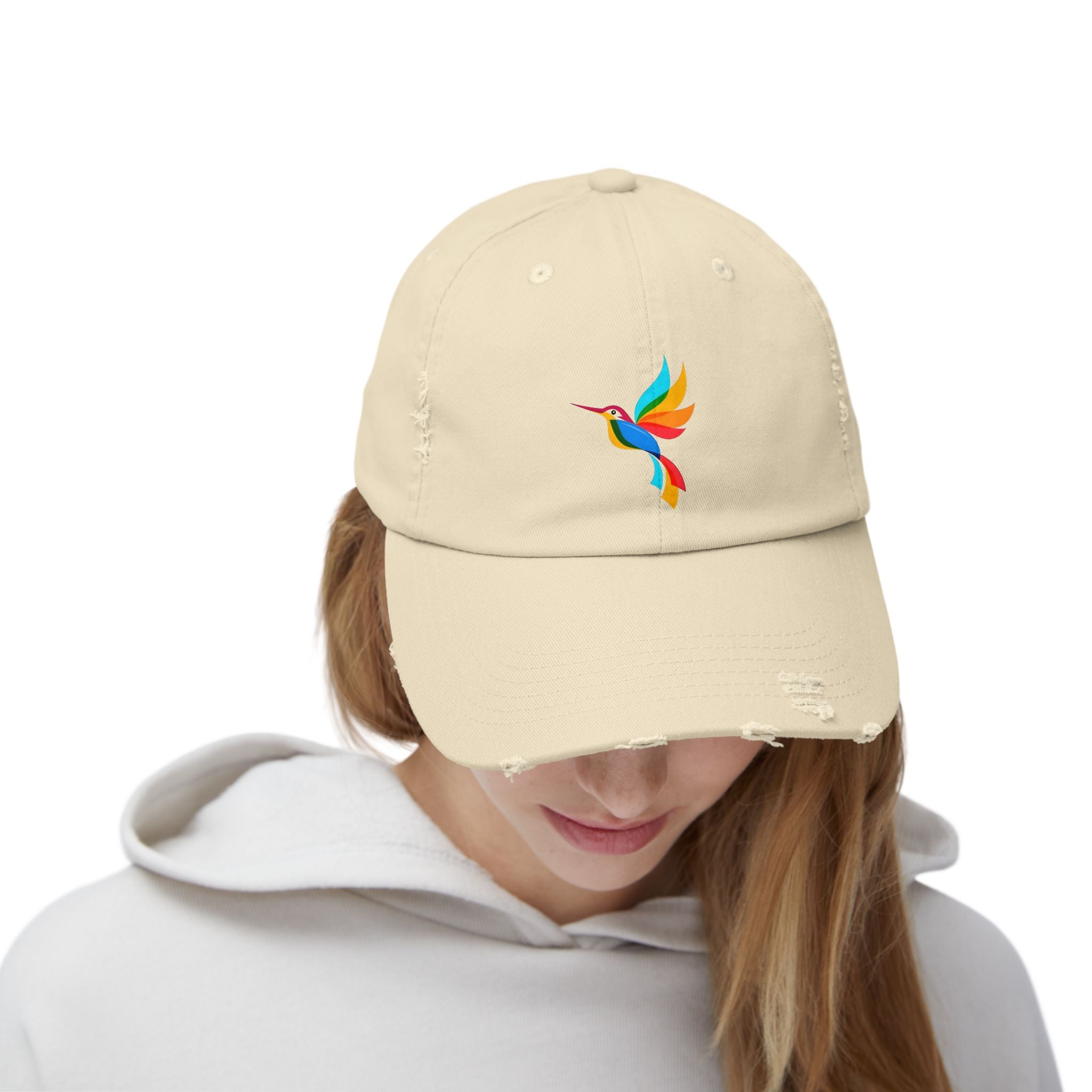 Colorful Hummingbird Unisex Distressed Cap, Casual Summer Hat, Trendy Dad Hat, Outdoor Accessories, Gift for Nature Lovers