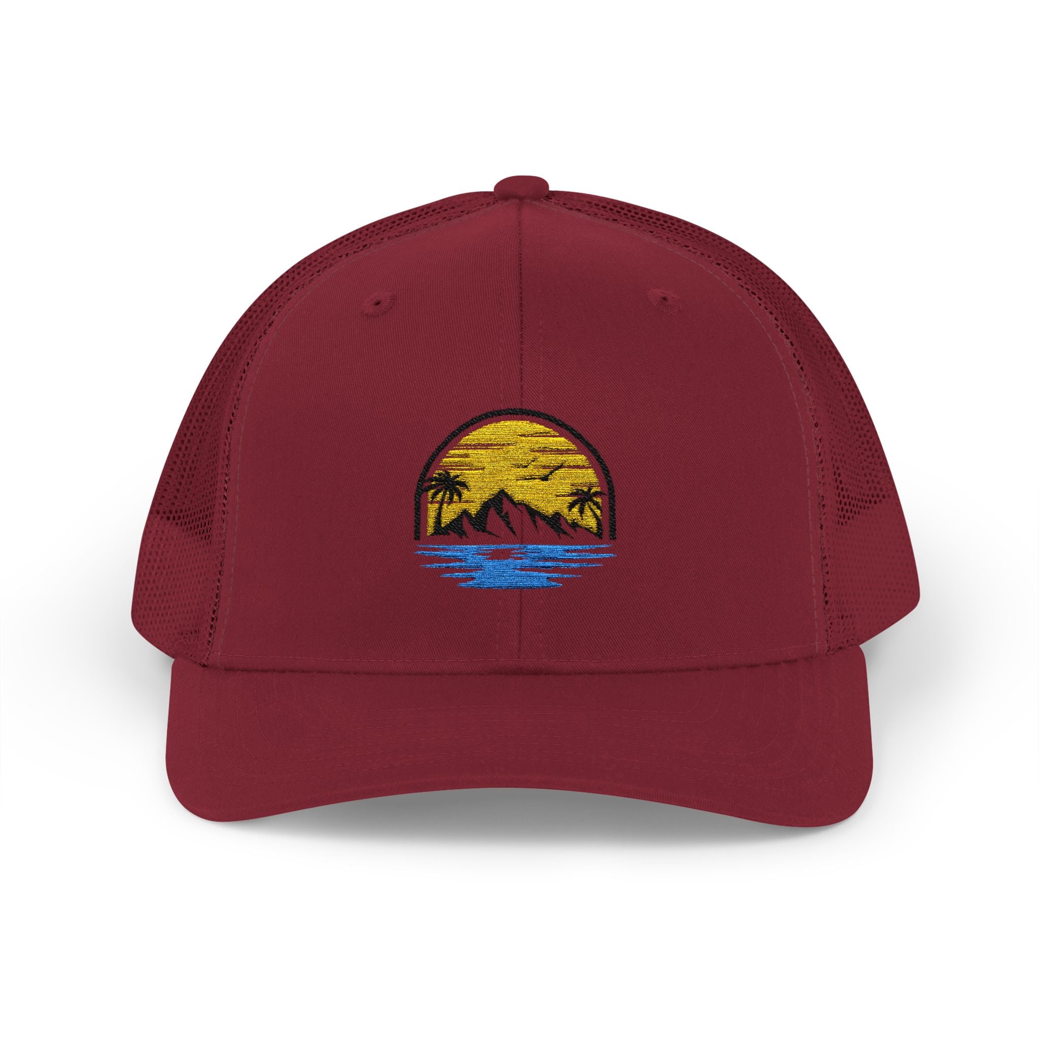 Trucker Cap — Embroidered Sunset Mountain & Ocean Patch
