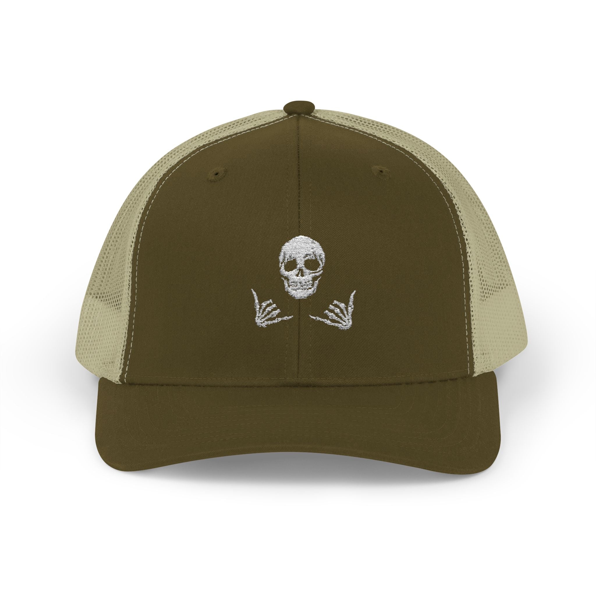 Skull Shaka Snapback Trucker Cap — Rhinestone Skull & Shaka Hands Trucker Hat
