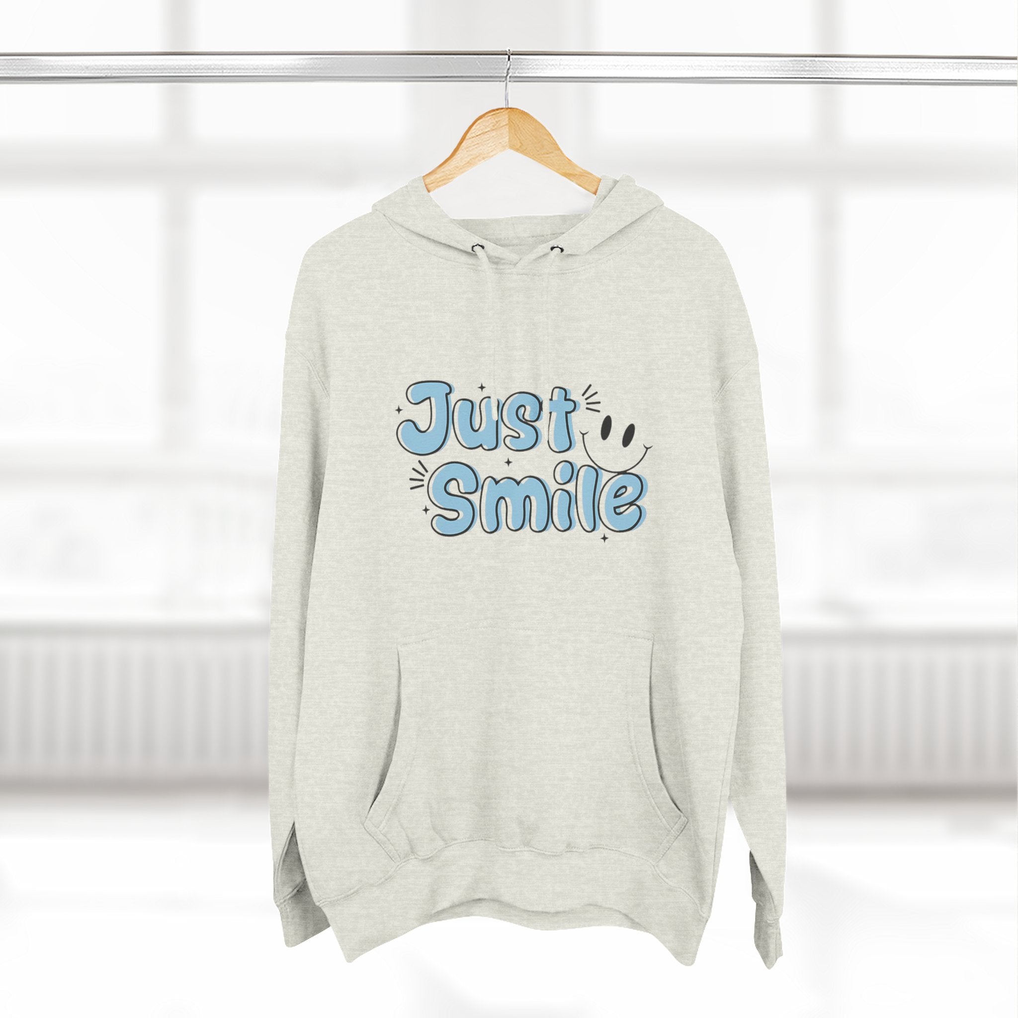 Just Smile Three-Panel Fleece Hoodie, Cozy Hoodie, Gift for Her, Motivational Apparel, Casual Wear, Cute Sweatshirt