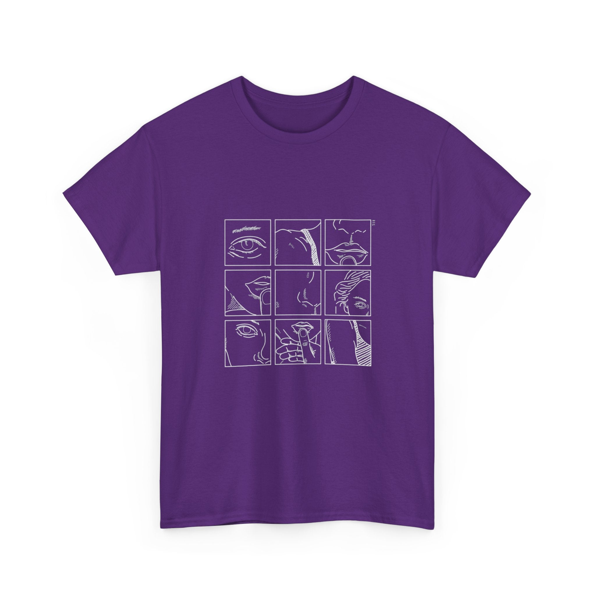Graphic Tee — 'Here' Block Letter Design with Abstract Faces