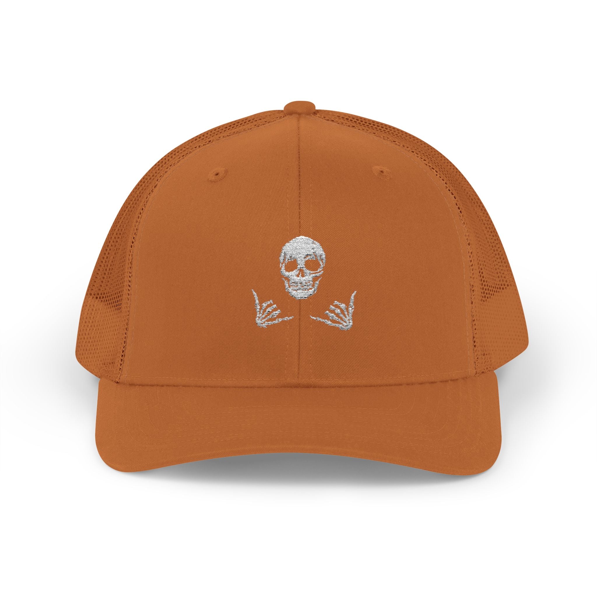 Skull Shaka Snapback Trucker Cap — Rhinestone Skull & Shaka Hands Trucker Hat