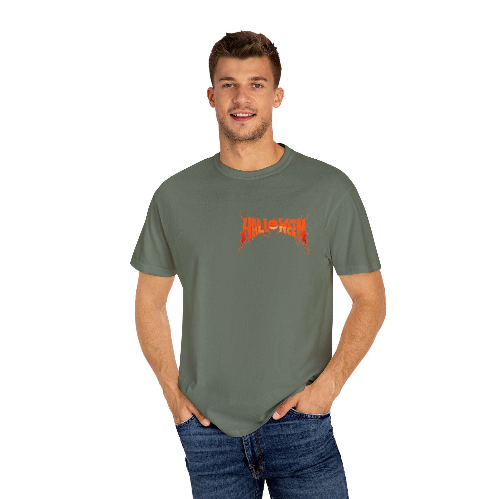 Halloween Unisex Garment-Dyed T-Shirt, Pumpkin Tee, Spooky Apparel, Fall Festival Shirt, Trick-or-Treat Top, Halloween Costume