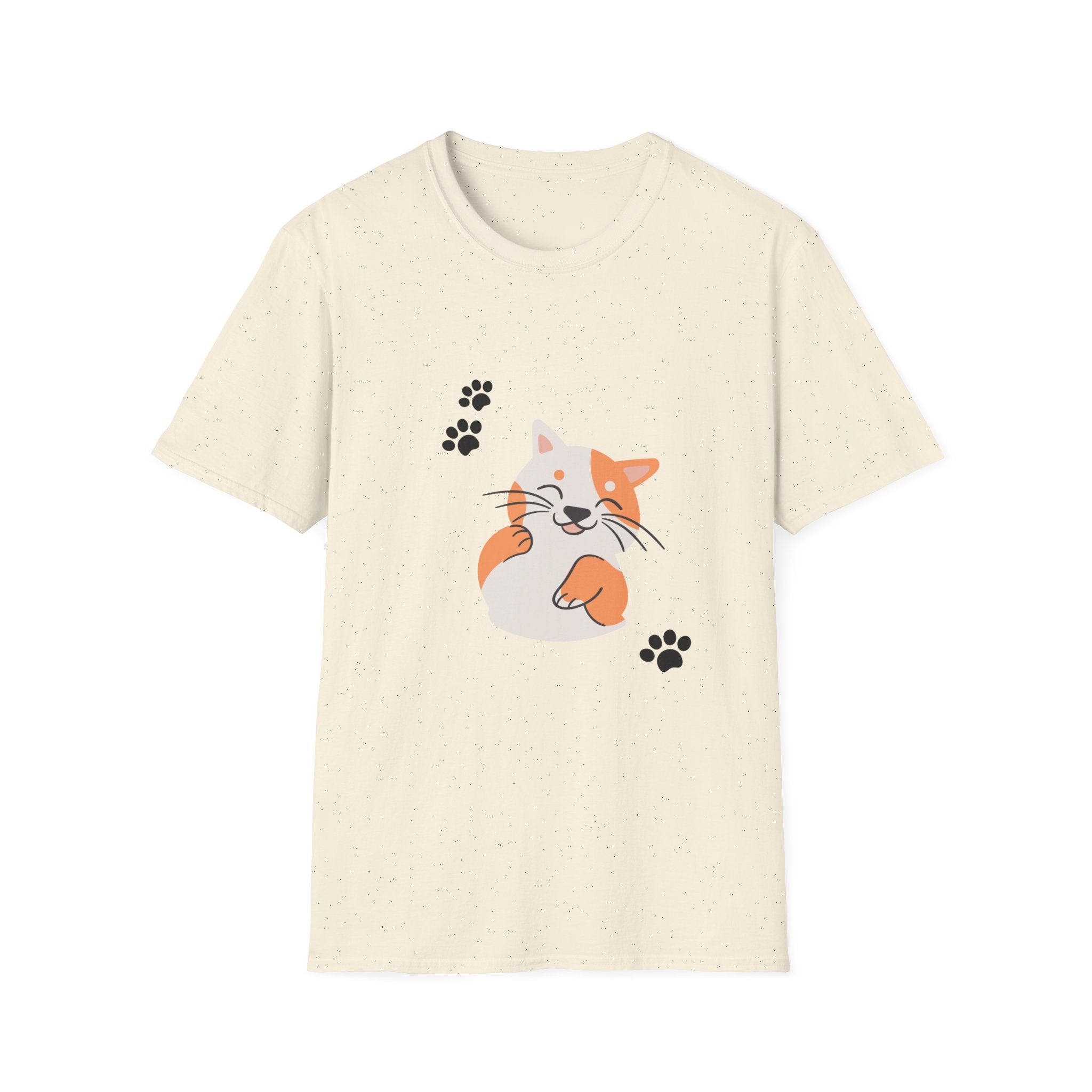 Cute Paw-Print Cat T-Shirt — Smiling Calico Kitten Graphic Tee for Cat Lovers