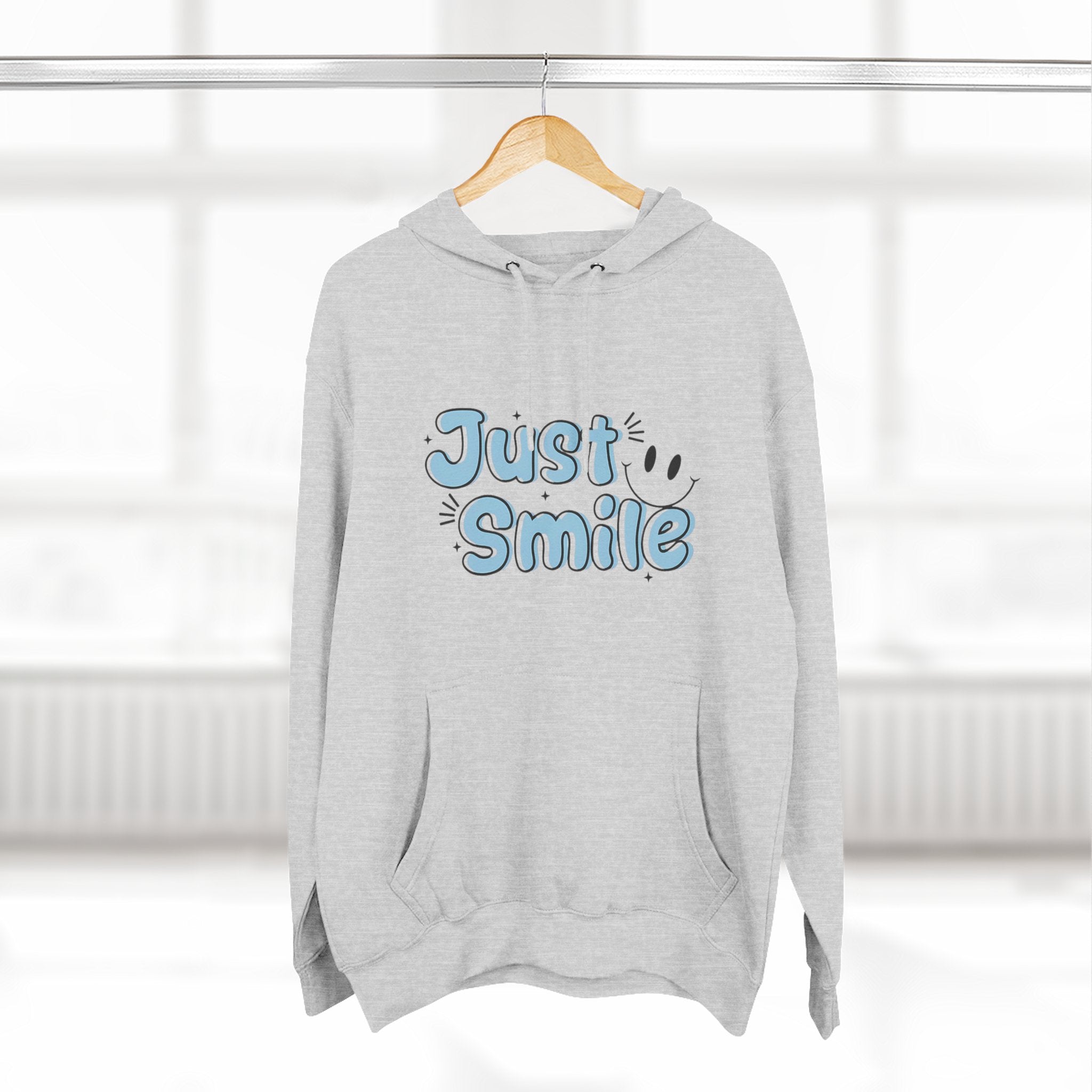 Just Smile Three-Panel Fleece Hoodie, Cozy Hoodie, Gift for Her, Motivational Apparel, Casual Wear, Cute Sweatshirt