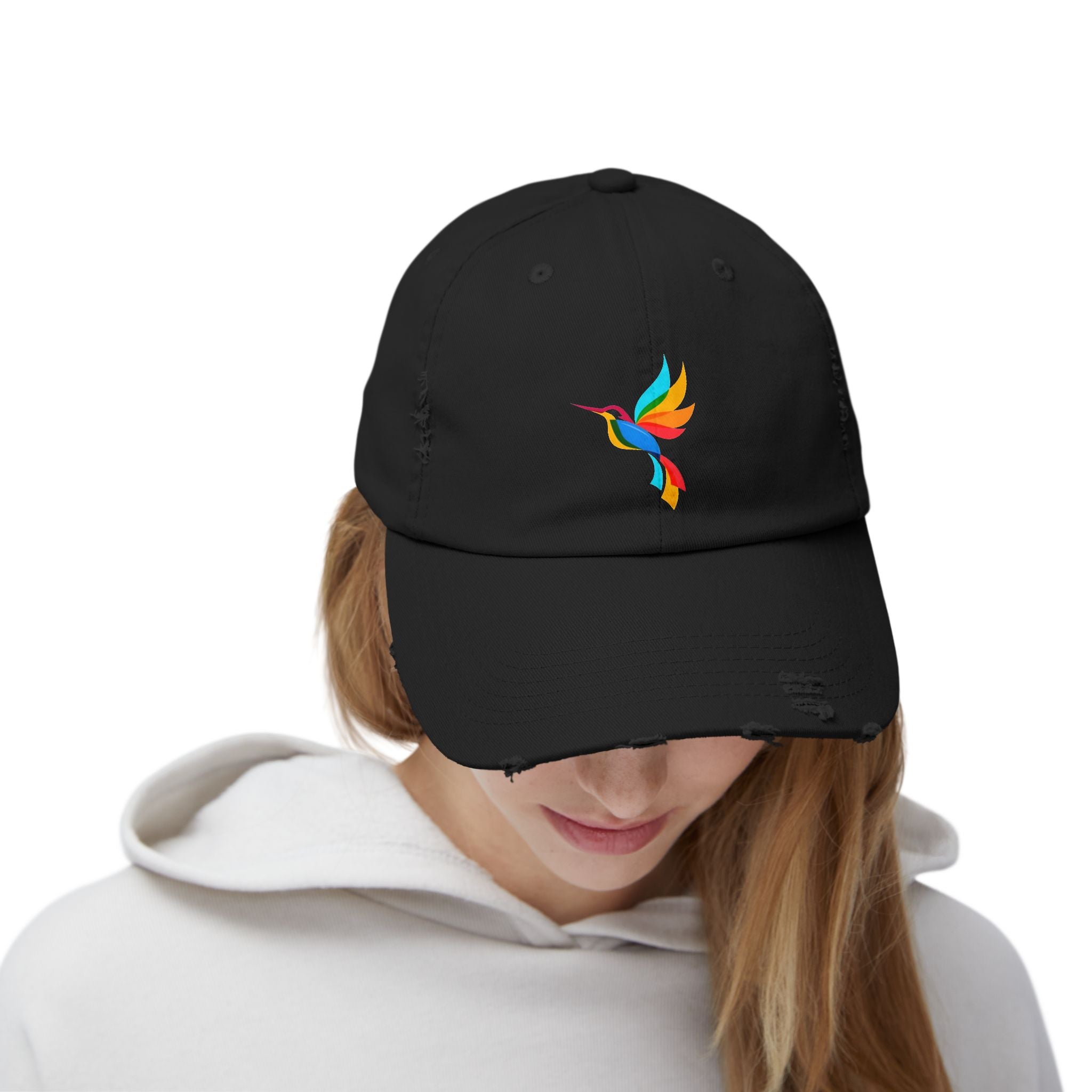 Colorful Hummingbird Unisex Distressed Cap, Casual Summer Hat, Trendy Dad Hat, Outdoor Accessories, Gift for Nature Lovers