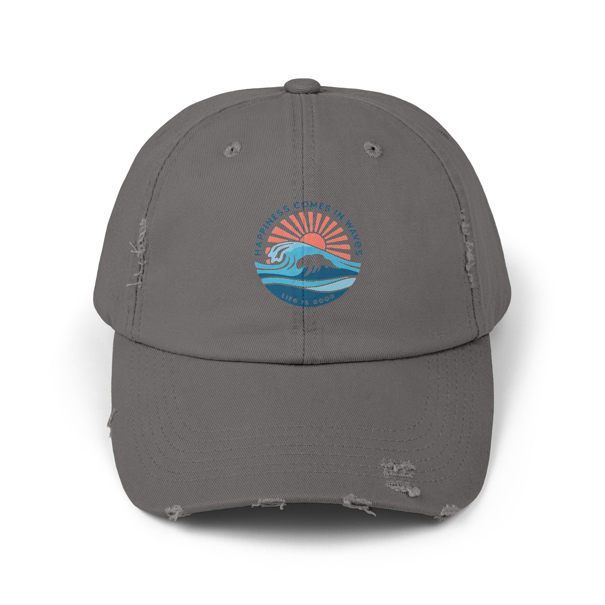 Distressed Black Cap — 'Gone to the Beach' Retro Sunrise Embroidered Hat