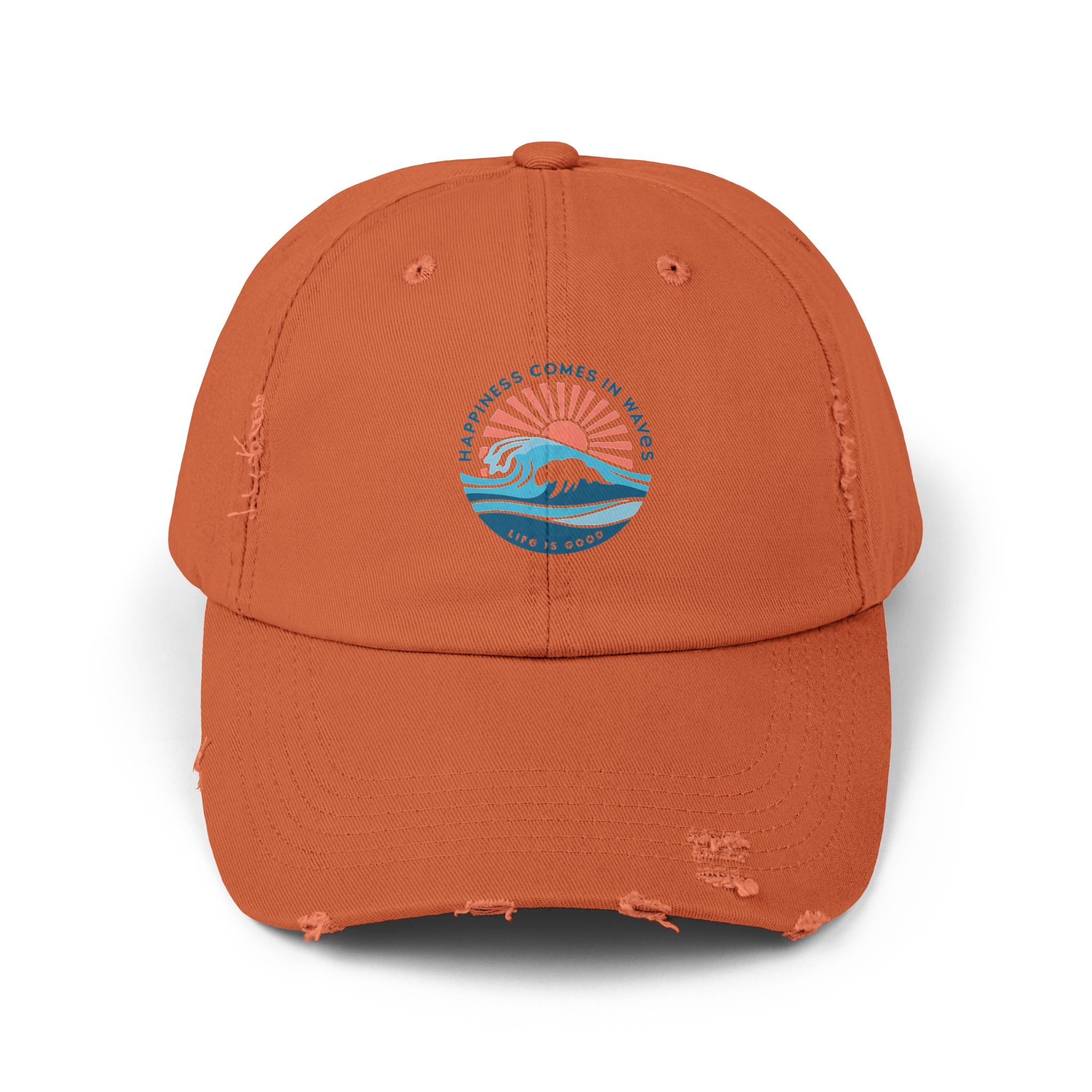Distressed Black Cap — 'Gone to the Beach' Retro Sunrise Embroidered Hat