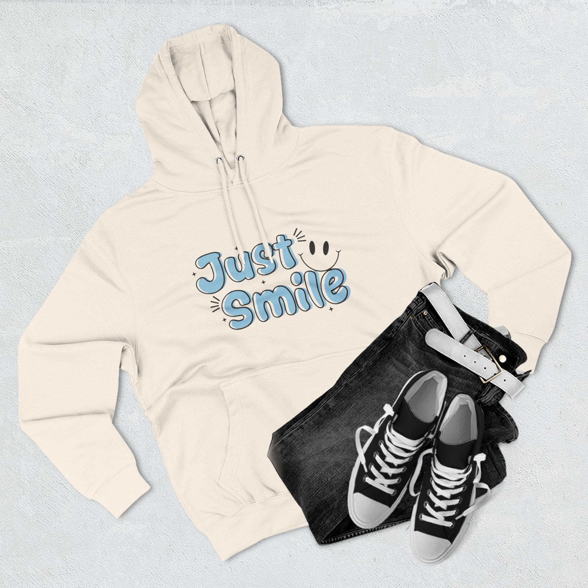 Just Smile Three-Panel Fleece Hoodie, Cozy Hoodie, Gift for Her, Motivational Apparel, Casual Wear, Cute Sweatshirt