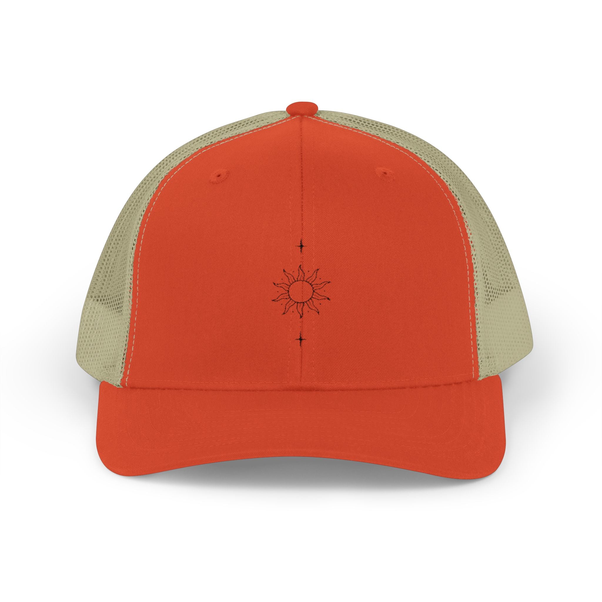 Minimal Sun Compass Trucker Cap — Embroidered Tiny Sun & Compass Mesh Snapback