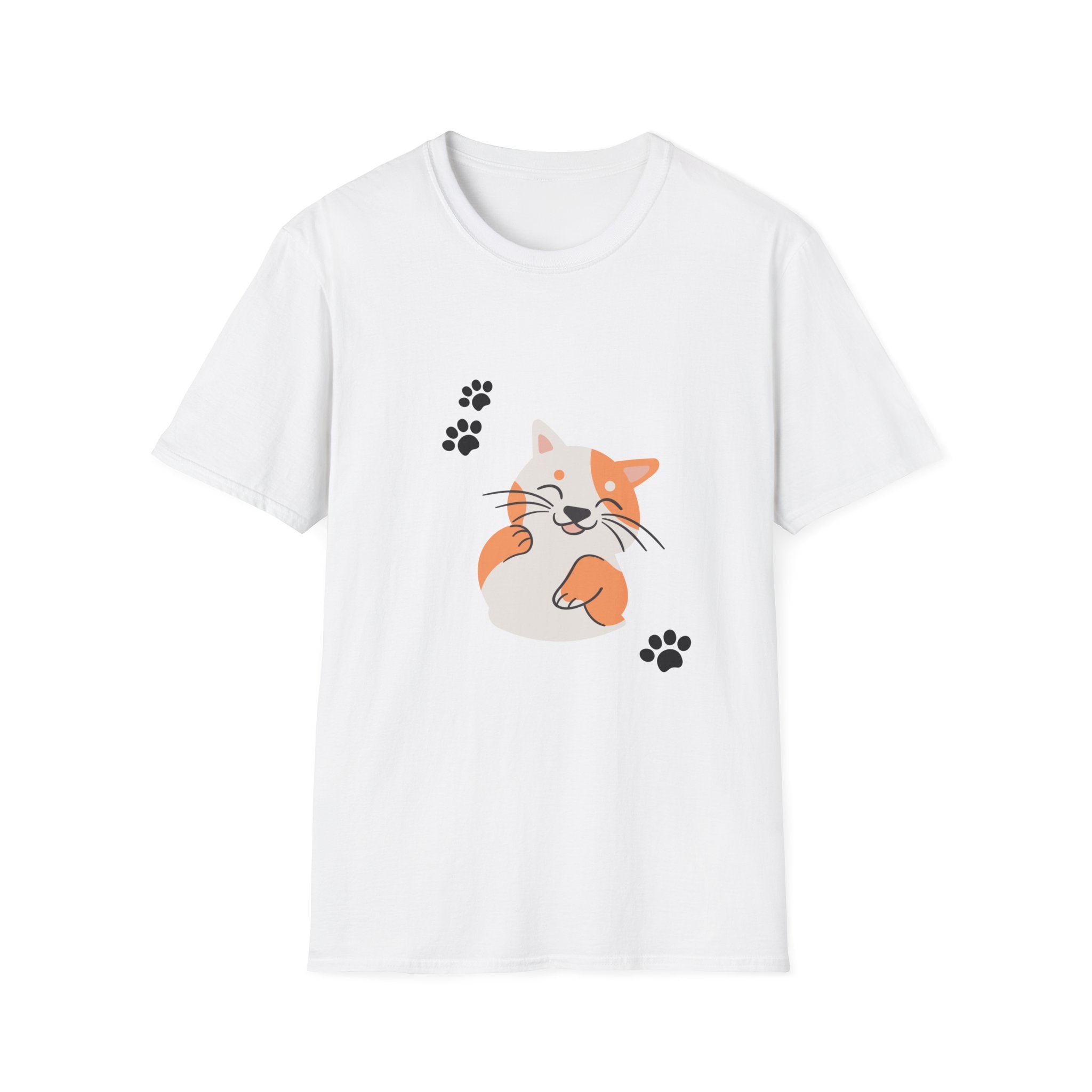 Cute Paw-Print Cat T-Shirt — Smiling Calico Kitten Graphic Tee for Cat Lovers