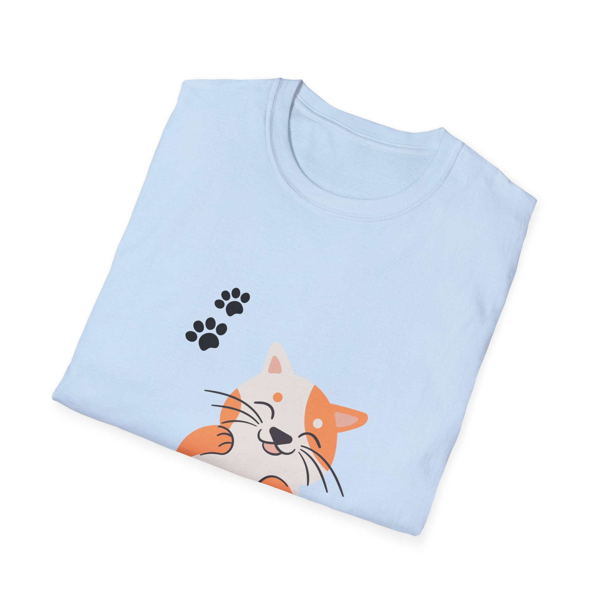 Cute Paw-Print Cat T-Shirt — Smiling Calico Kitten Graphic Tee for Cat Lovers