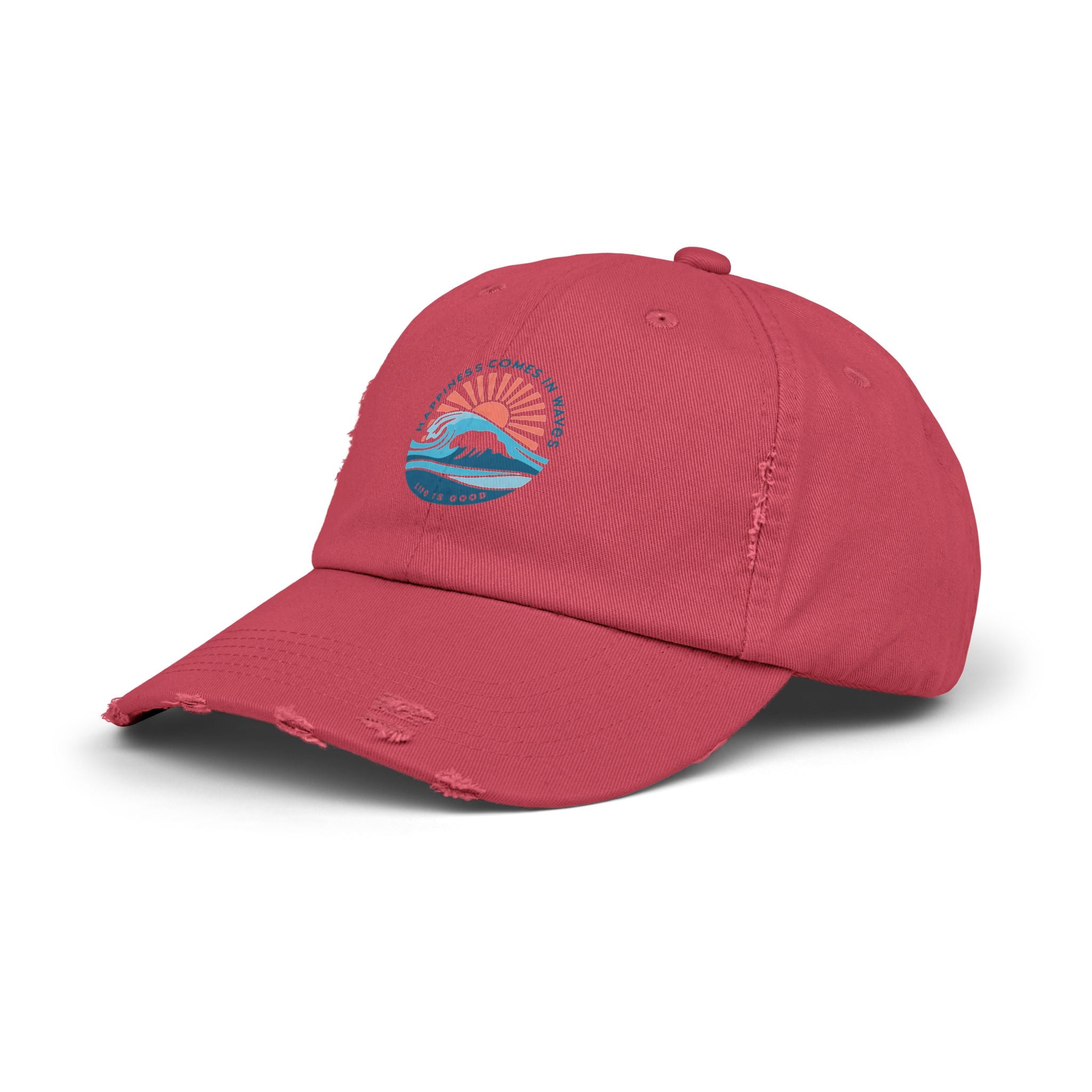 Distressed Black Cap — 'Gone to the Beach' Retro Sunrise Embroidered Hat