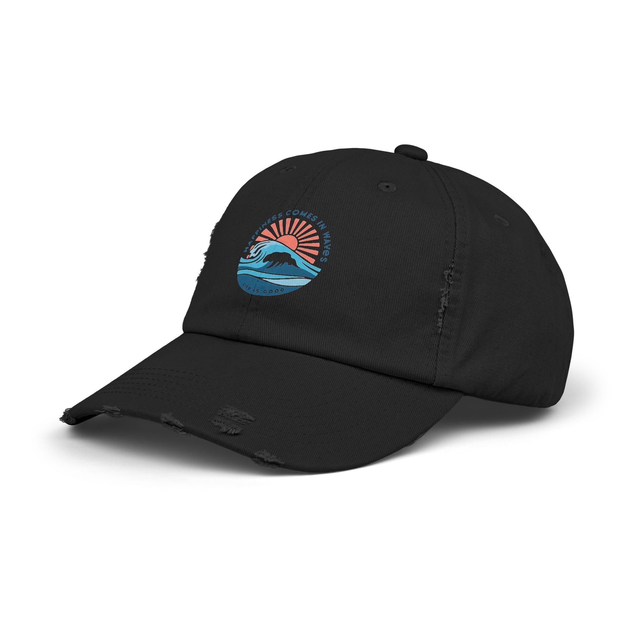 Distressed Black Cap — 'Gone to the Beach' Retro Sunrise Embroidered Hat