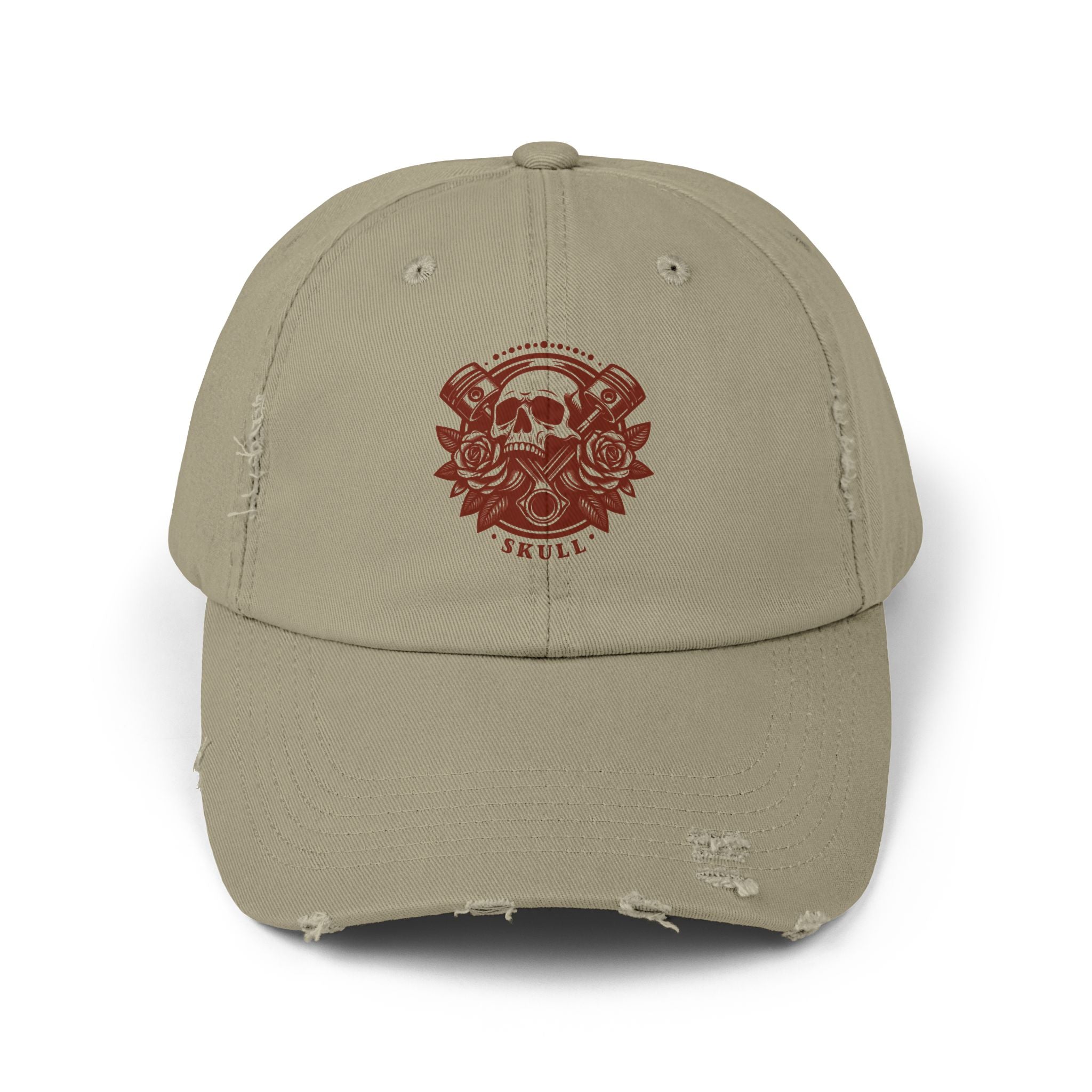 Distressed Skull & Roses Baseball Cap — Vintage Beige Dad Hat
