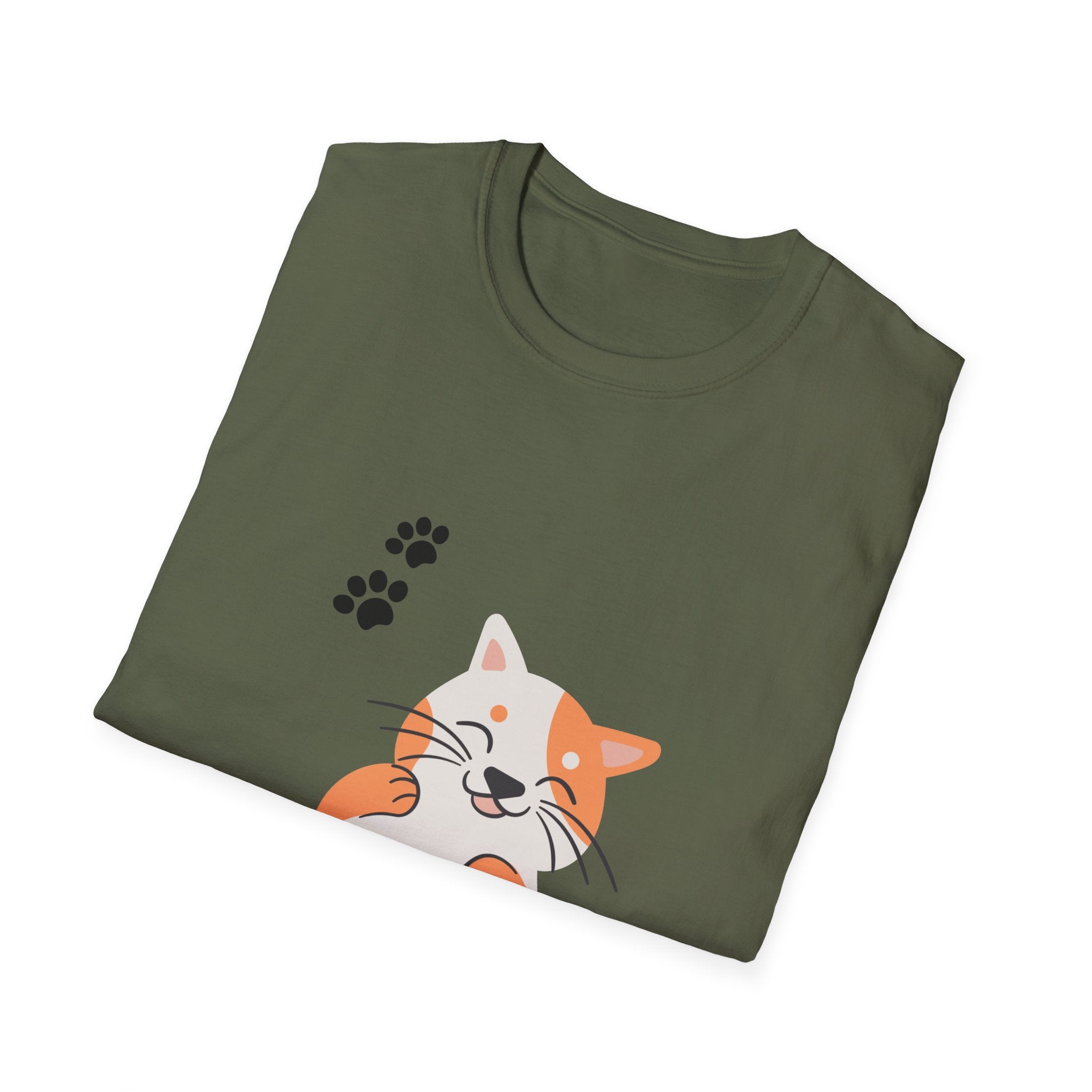 Cute Paw-Print Cat T-Shirt — Smiling Calico Kitten Graphic Tee for Cat Lovers