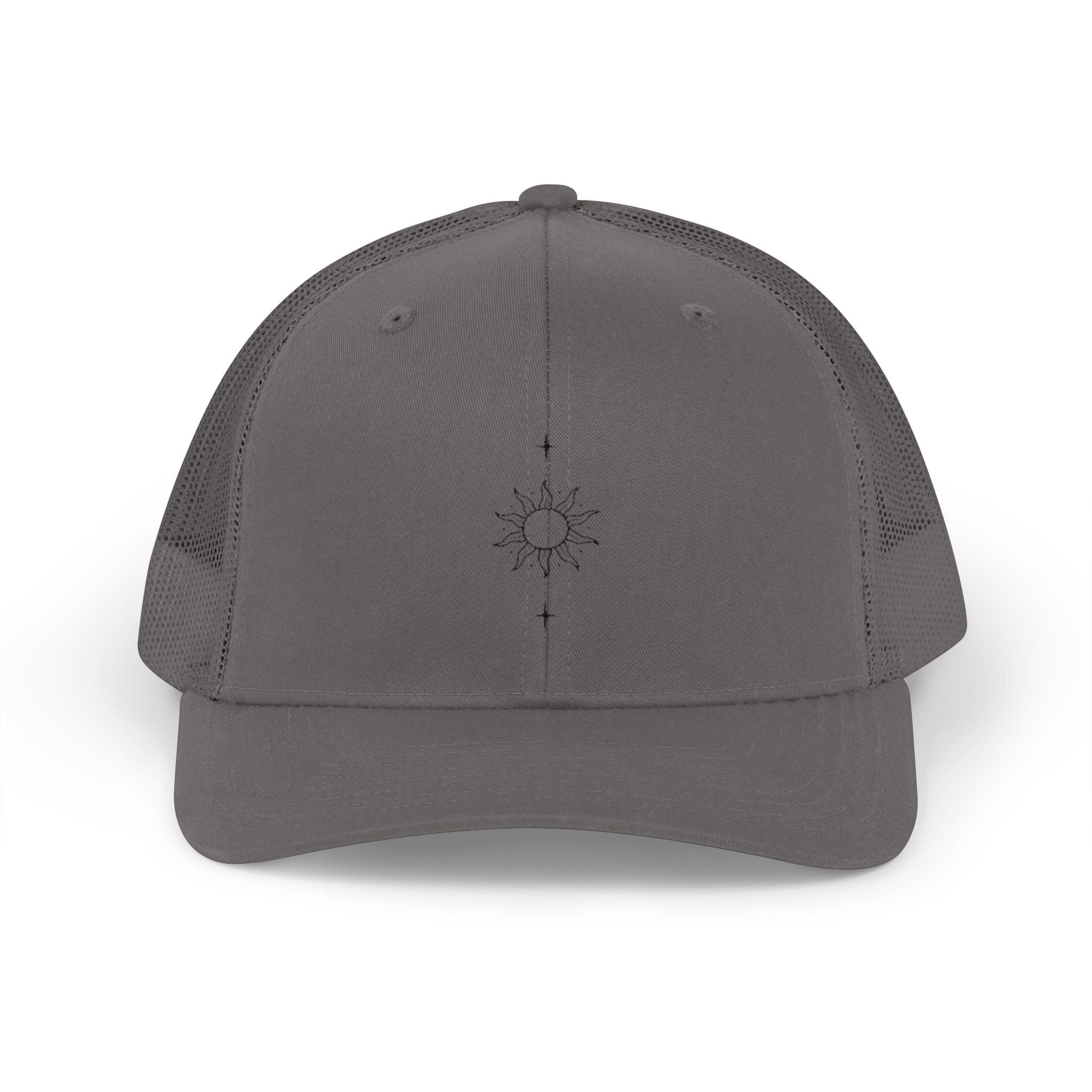 Minimal Sun Compass Trucker Cap — Embroidered Tiny Sun & Compass Mesh Snapback