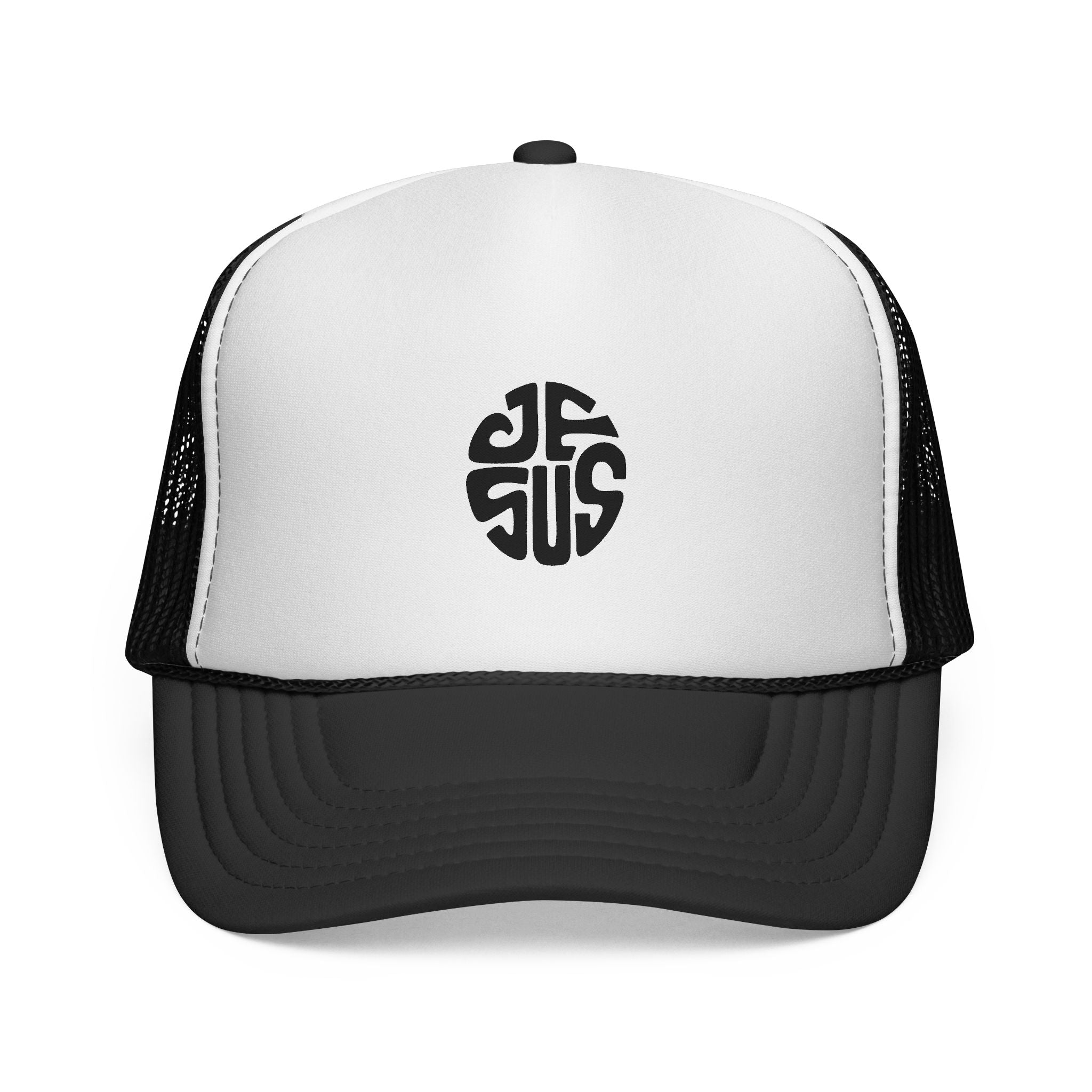 Trucker Cap — Retro Circular “JESUS” Logo Embroidered Hat