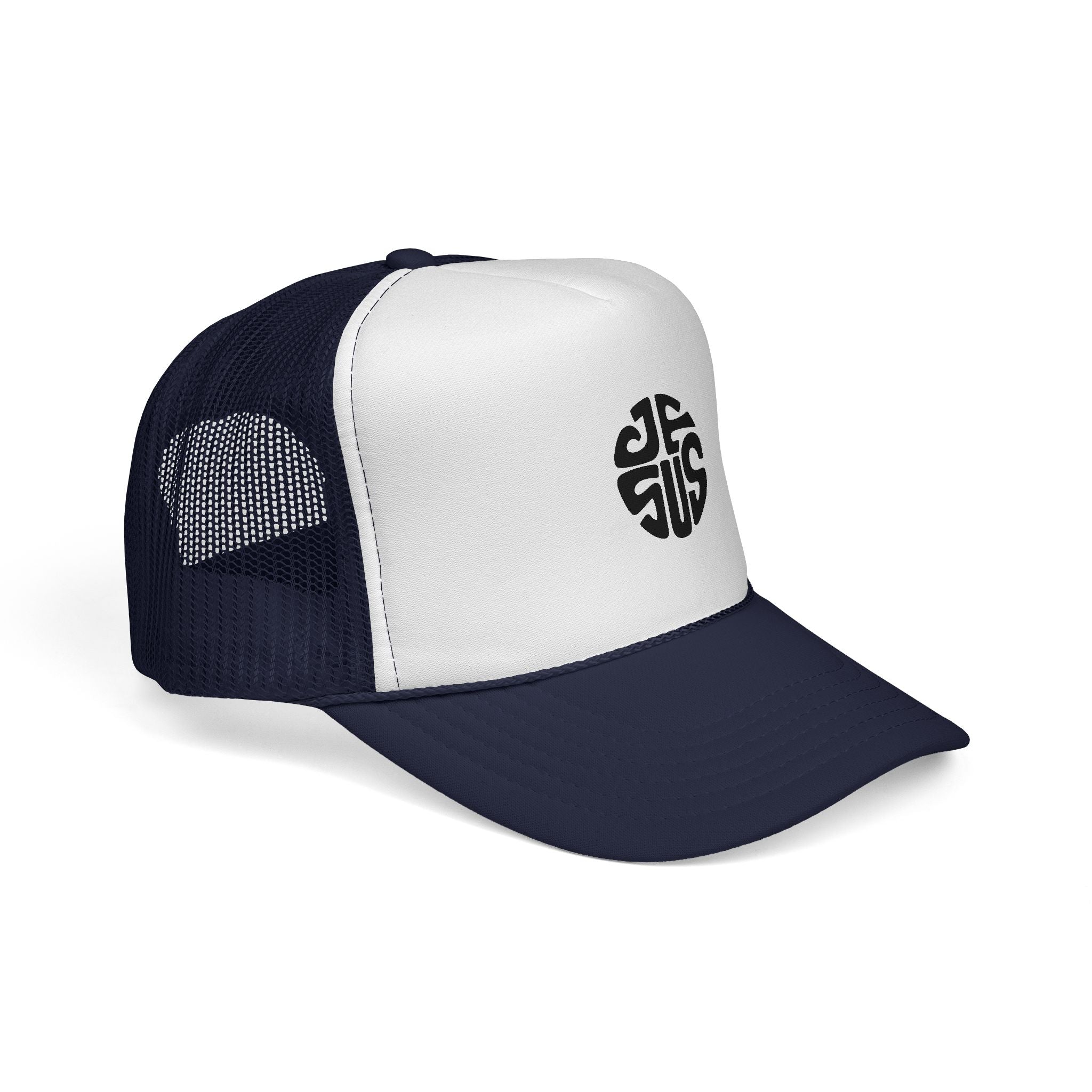 Trucker Cap — Retro Circular “JESUS” Logo Embroidered Hat