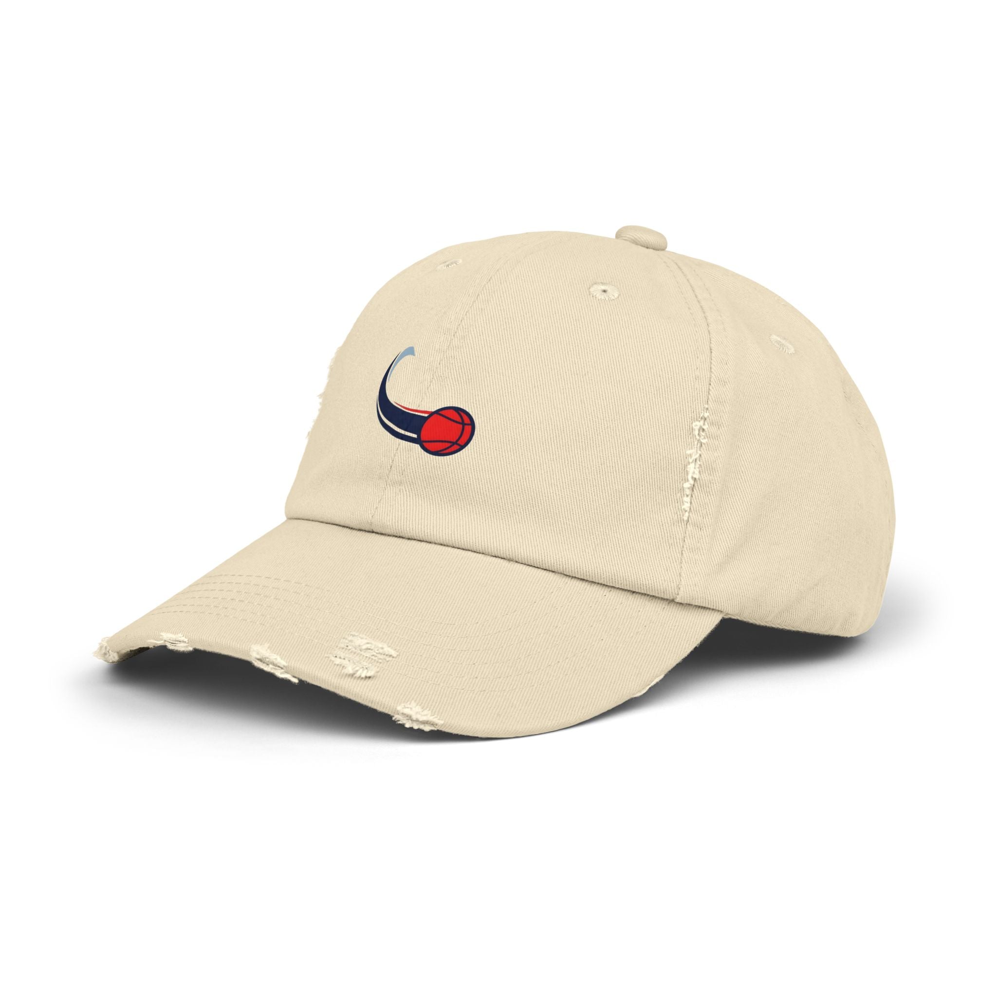 Distressed Baseball Cap with Red Swirl Ball Embroidered Design