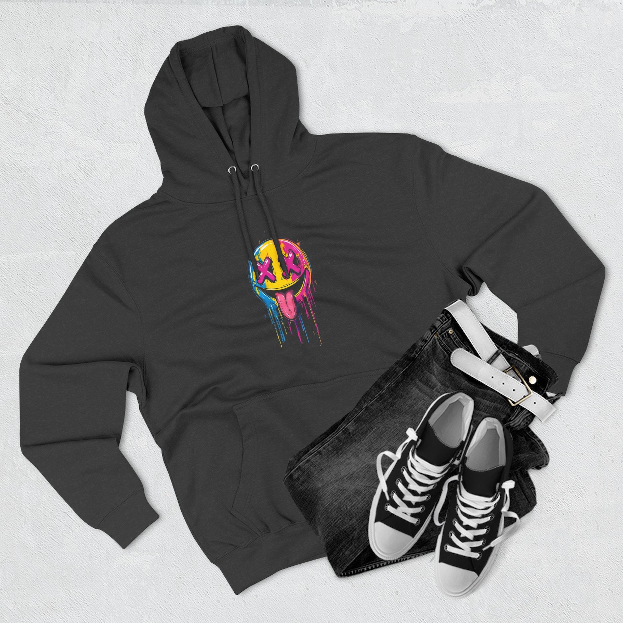 Colorful Drippy Smile Hoodie, Unisex Fleece Sweatshirt, Graphic Hoodie for Festivals, Streetwear, Casual Wear
