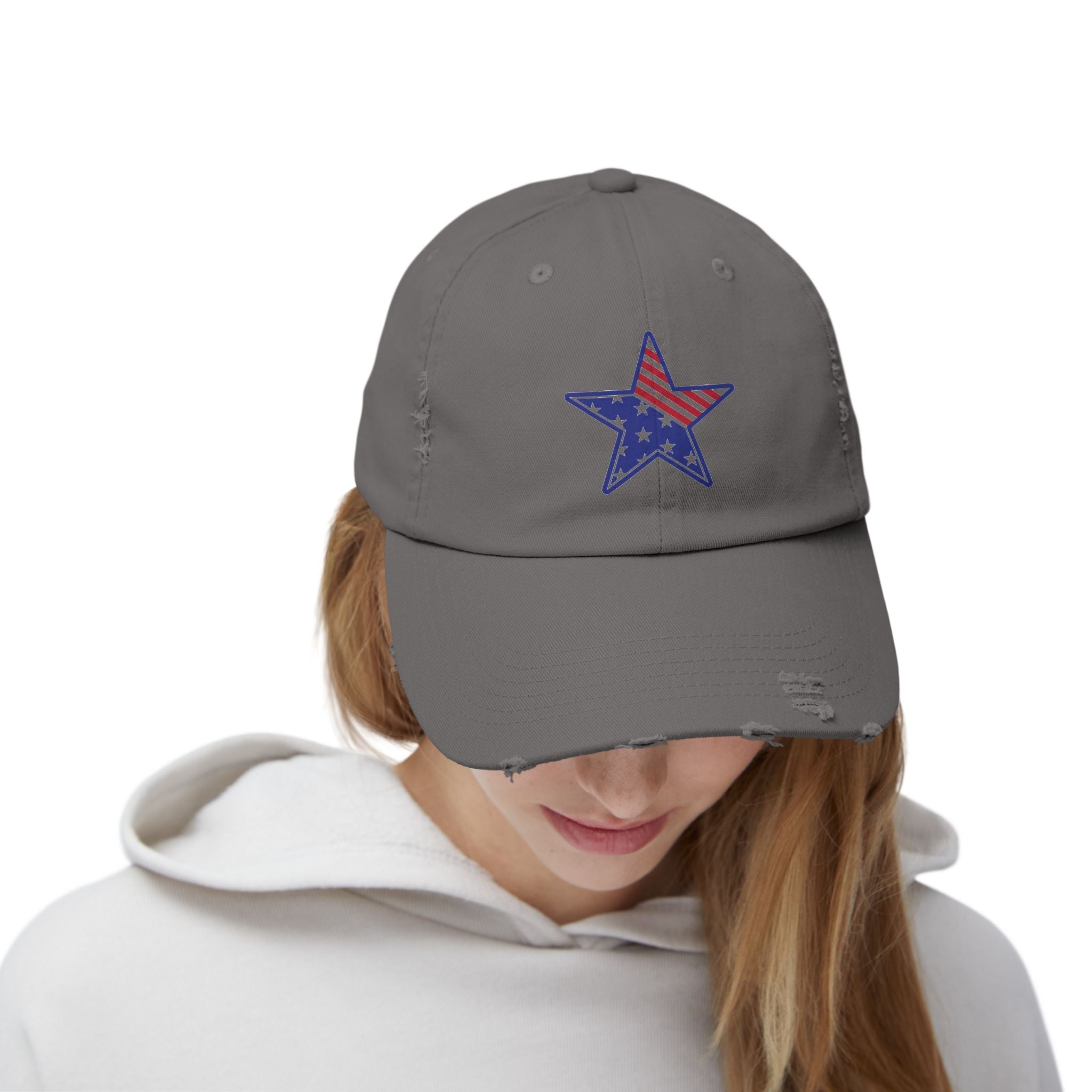 Distressed Baseball Cap with American Flag Star - Patriotic Dad Hat for 4th of July