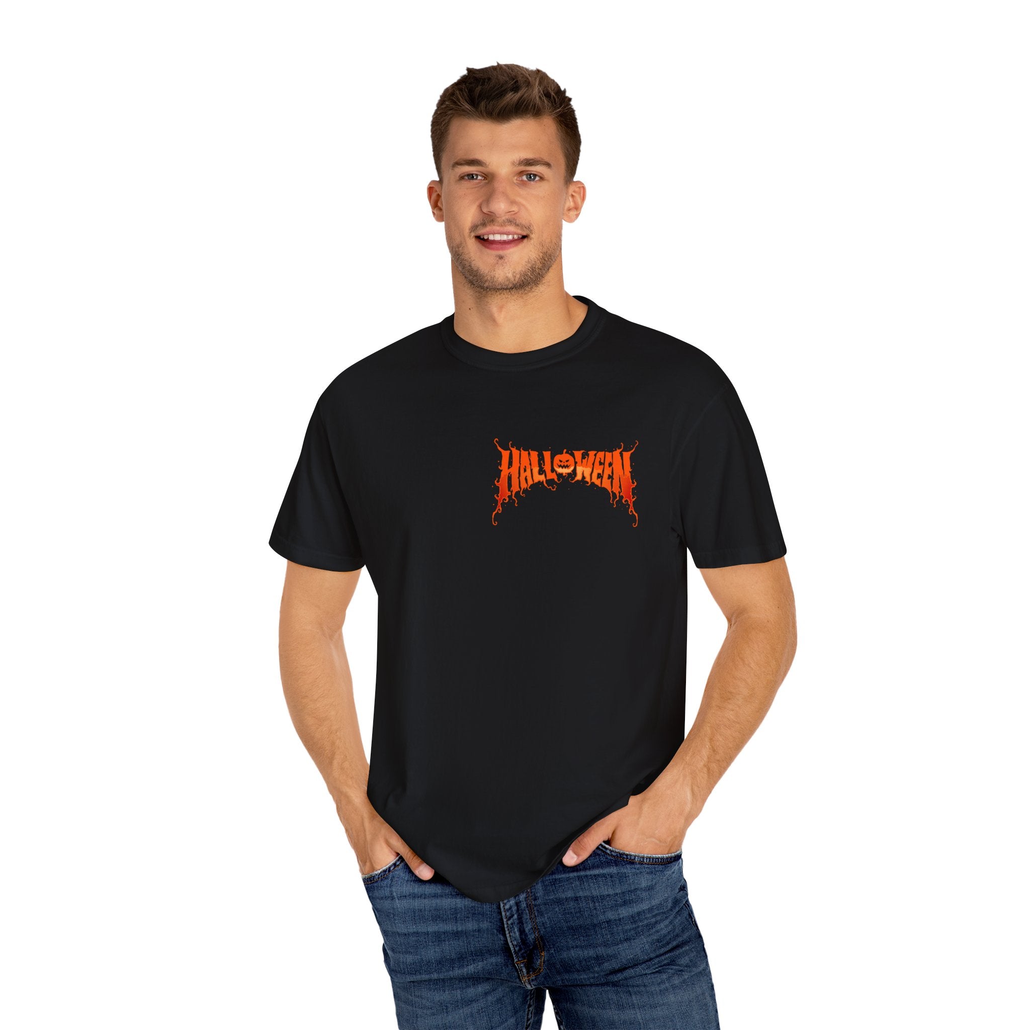 Halloween Unisex Garment-Dyed T-Shirt, Pumpkin Tee, Spooky Apparel, Fall Festival Shirt, Trick-or-Treat Top, Halloween Costume