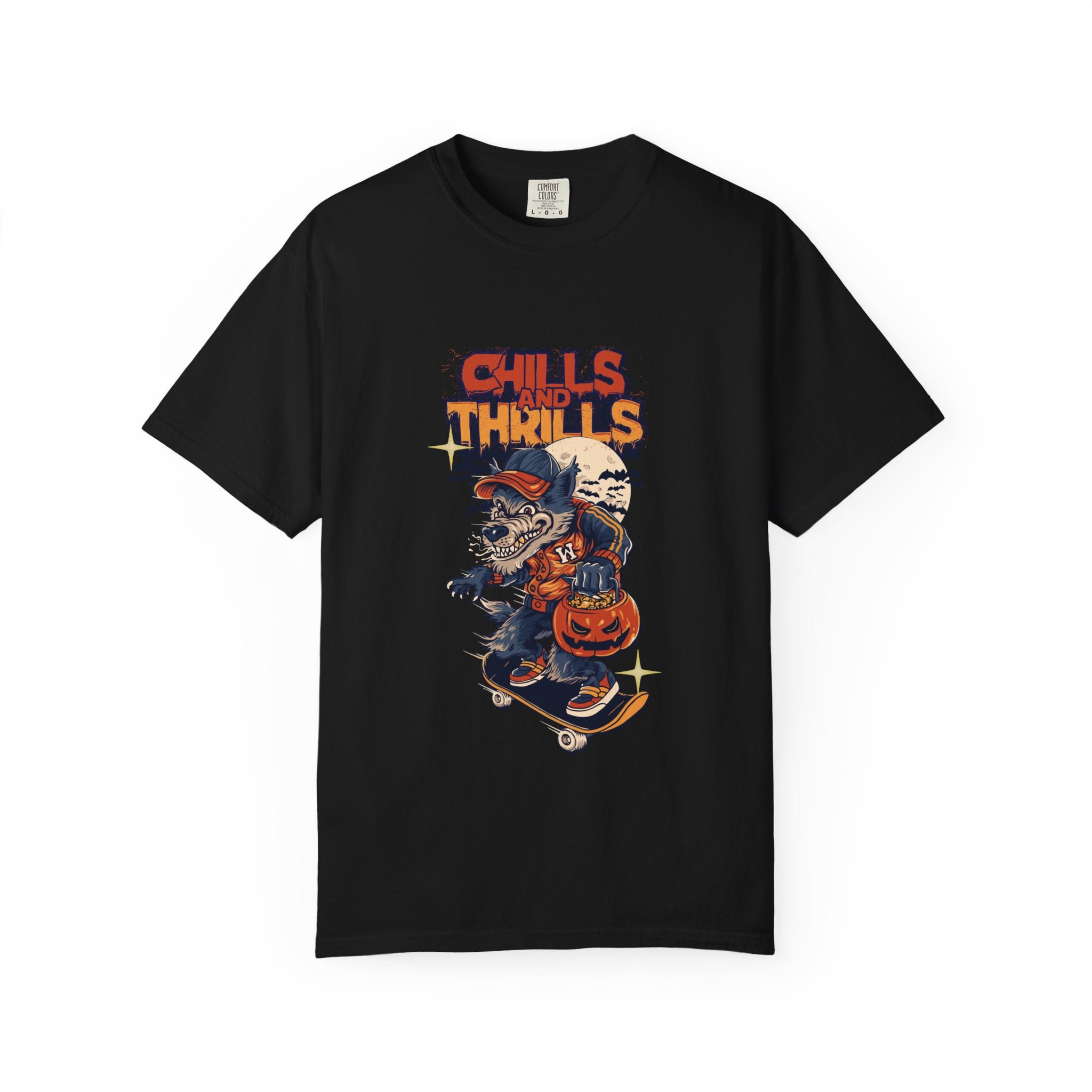 Chills and Thrills Graphic T-Shirt, Unisex Tee, Halloween Apparel, Skateboarder Shirt, Spooky Casual Wear, Perfect Gift for Fall