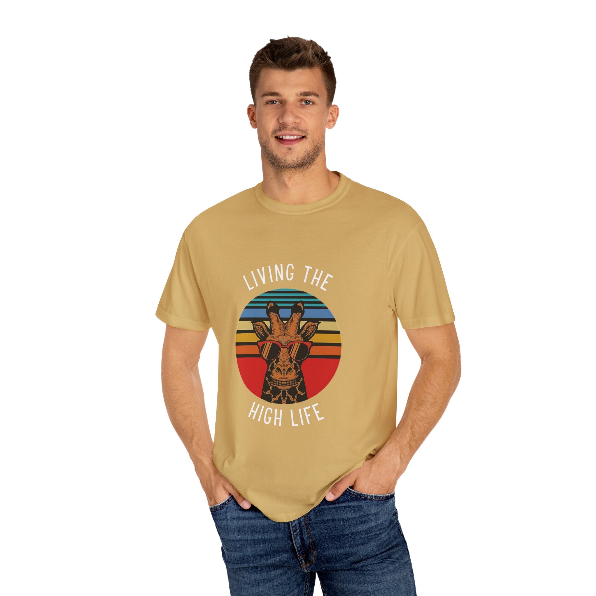 Living The High Life Giraffe T-Shirt | Unisex Garment-Dyed Tee, Trendy Animal Shirt, Birthday Gift, Casual Wear, Summer Style