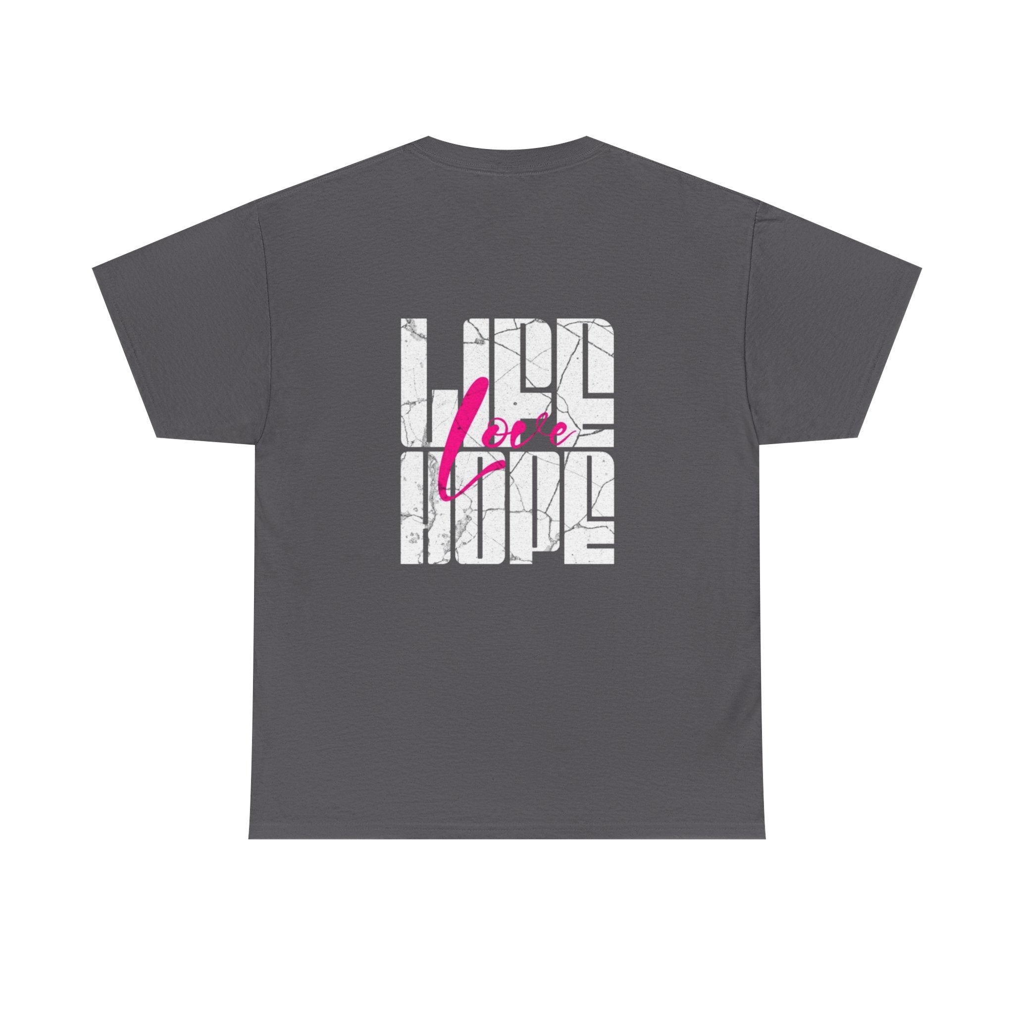Graphic Tee — 'Here' Block Letter Design with Abstract Faces