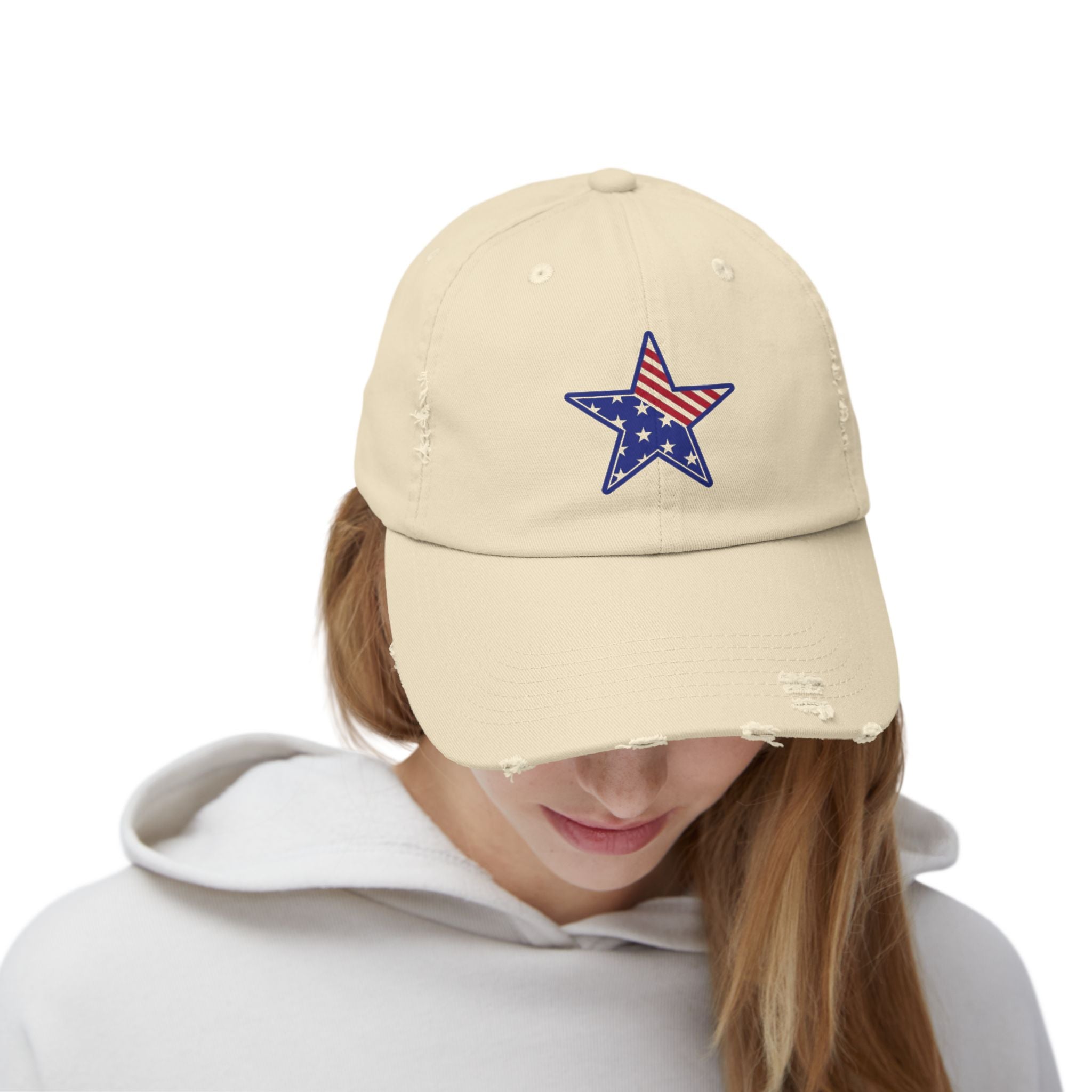 Distressed Baseball Cap with American Flag Star - Patriotic Dad Hat for 4th of July