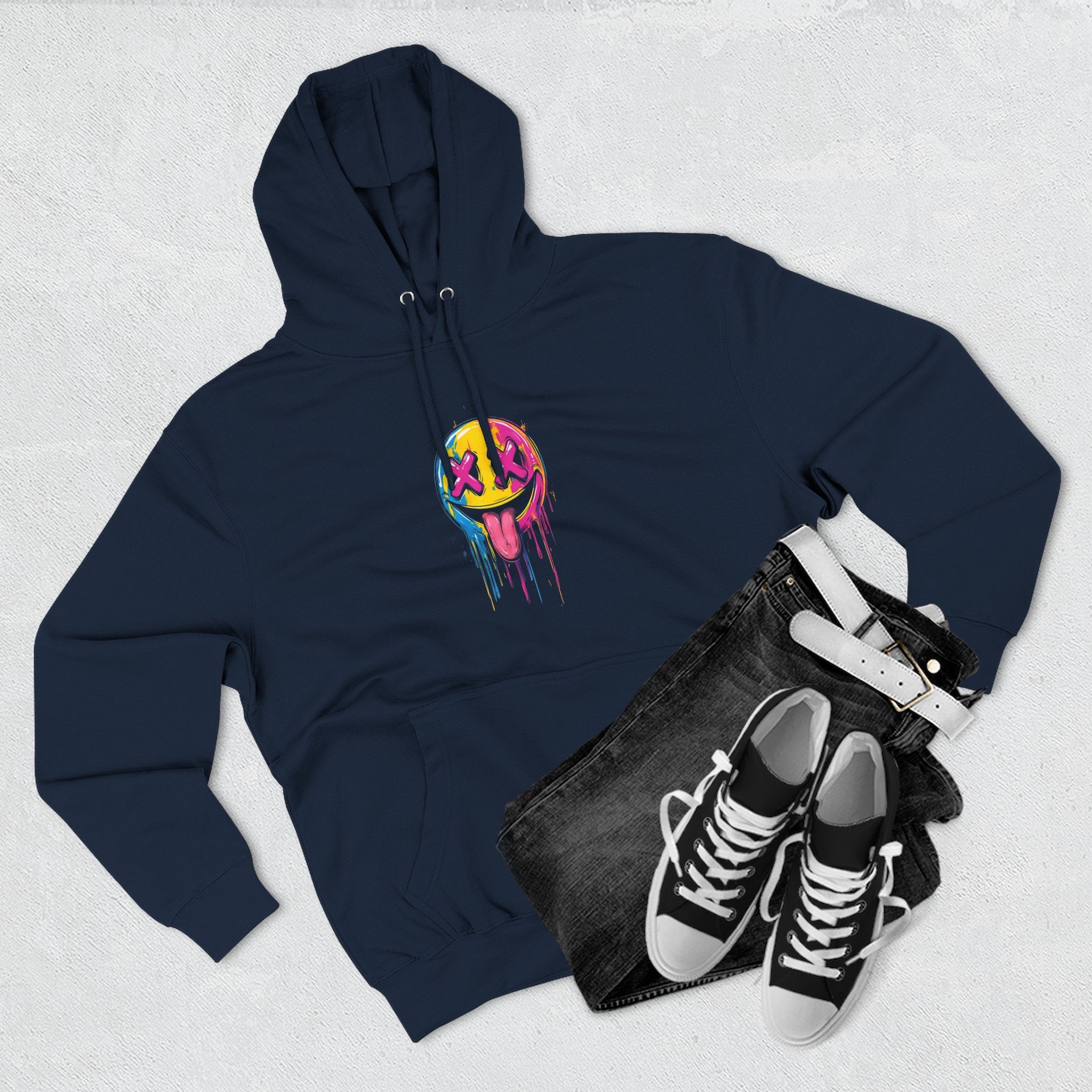 Colorful Drippy Smile Hoodie, Unisex Fleece Sweatshirt, Graphic Hoodie for Festivals, Streetwear, Casual Wear