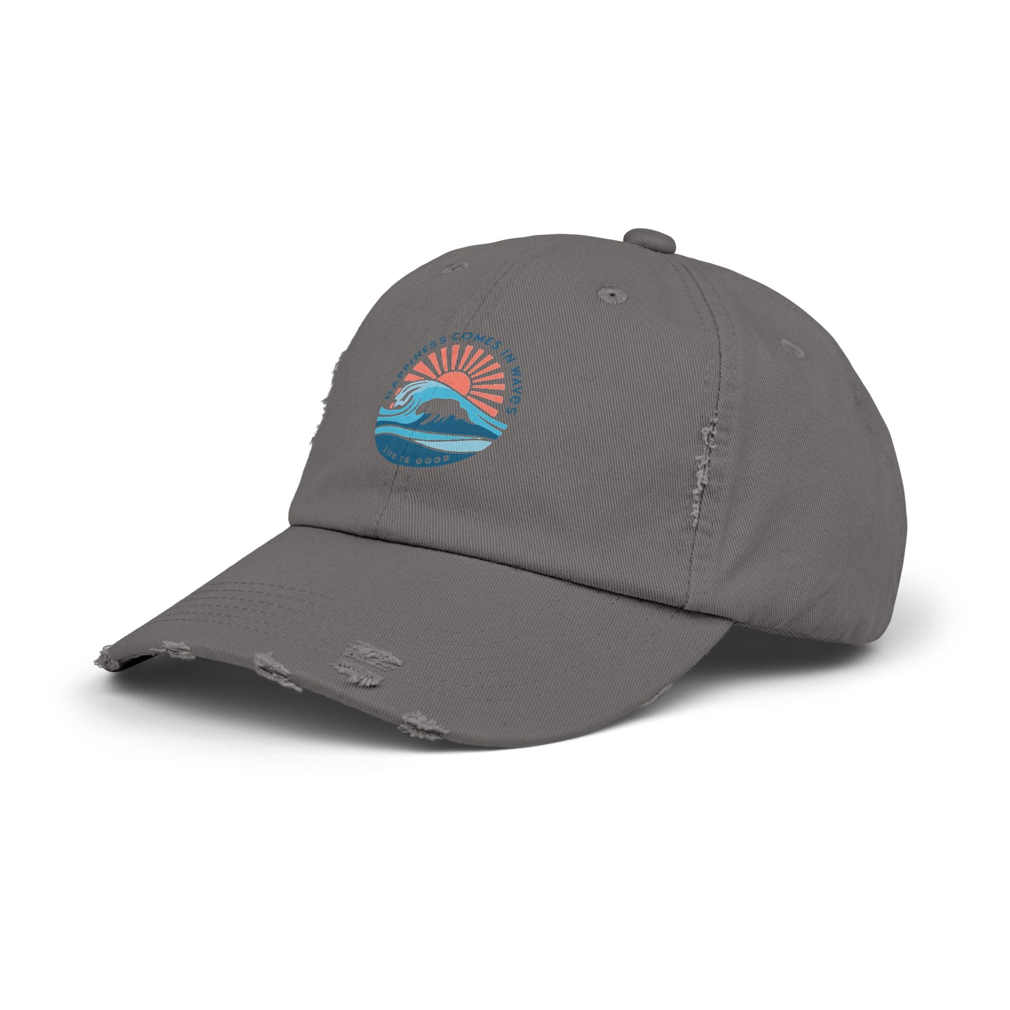 Distressed Black Cap — 'Gone to the Beach' Retro Sunrise Embroidered Hat