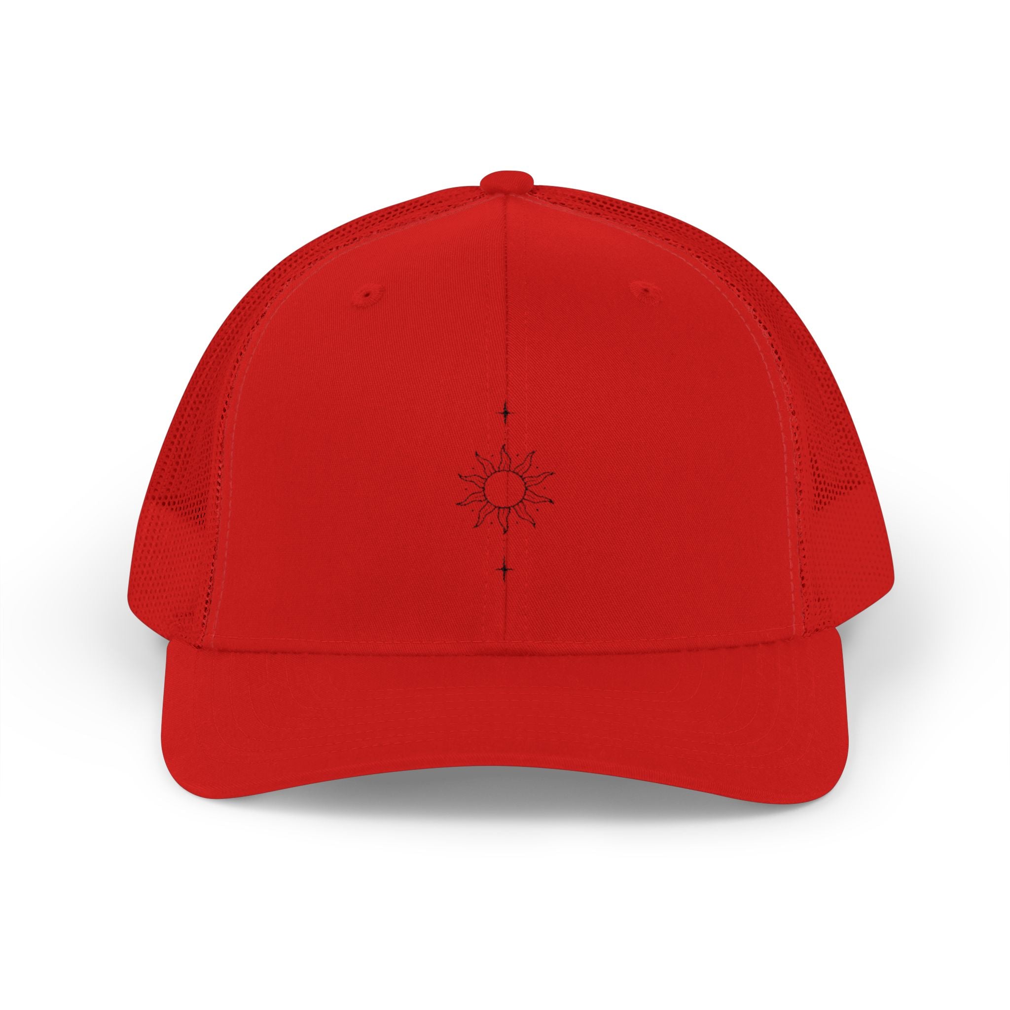 Minimal Sun Compass Trucker Cap — Embroidered Tiny Sun & Compass Mesh Snapback